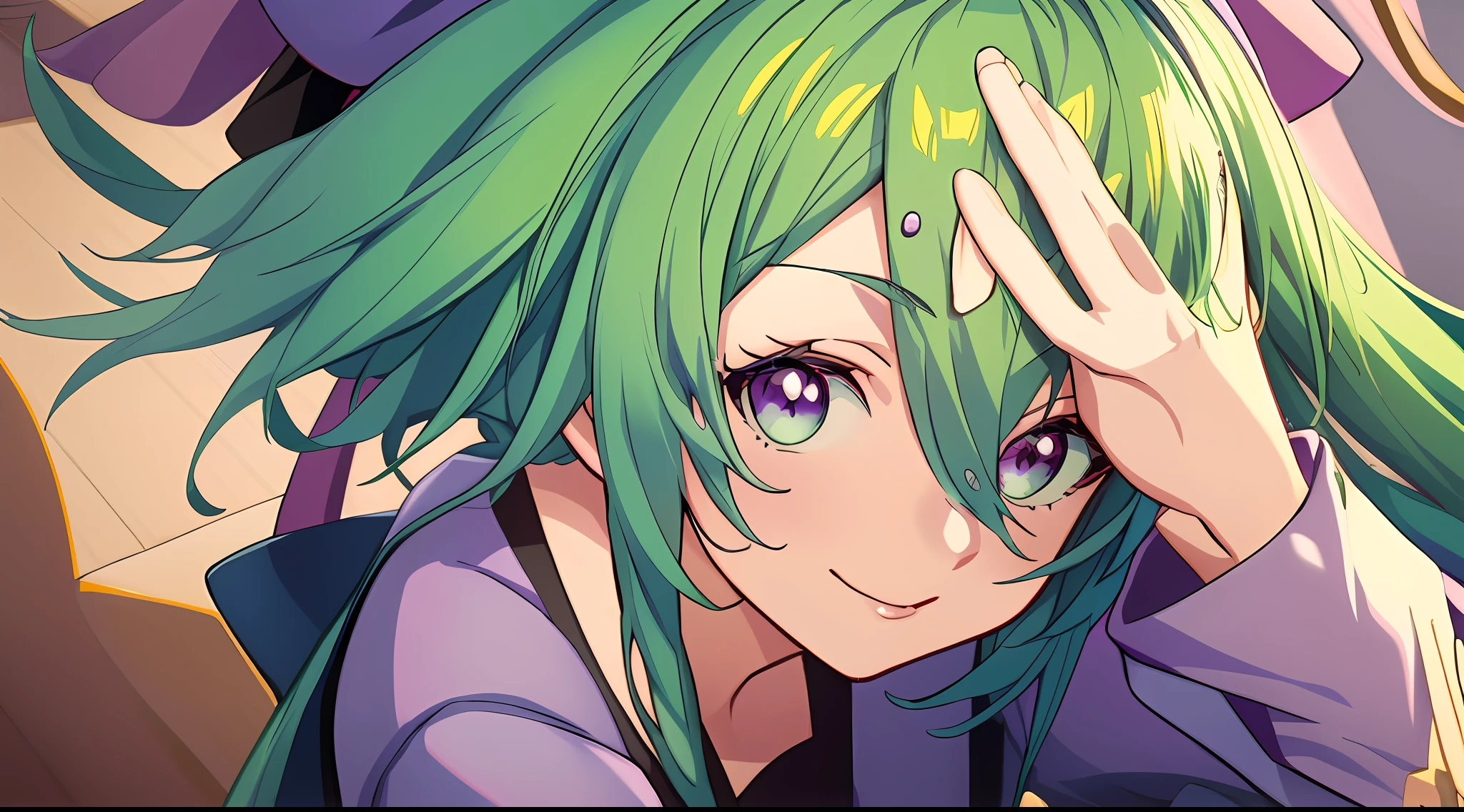Anime girl with green hair and purple hat sitting at table, anime moe art style, anime visual of a cute girl, Official artwork, style of anime4 K, Anime style portrait, portrait of cute anime girl, Also, Marin Kitagawa fanart, Anime! 4 k'', Anime! 4K, Smooth anime CG art, Kawaii realistic portrait, Digital anime illustration