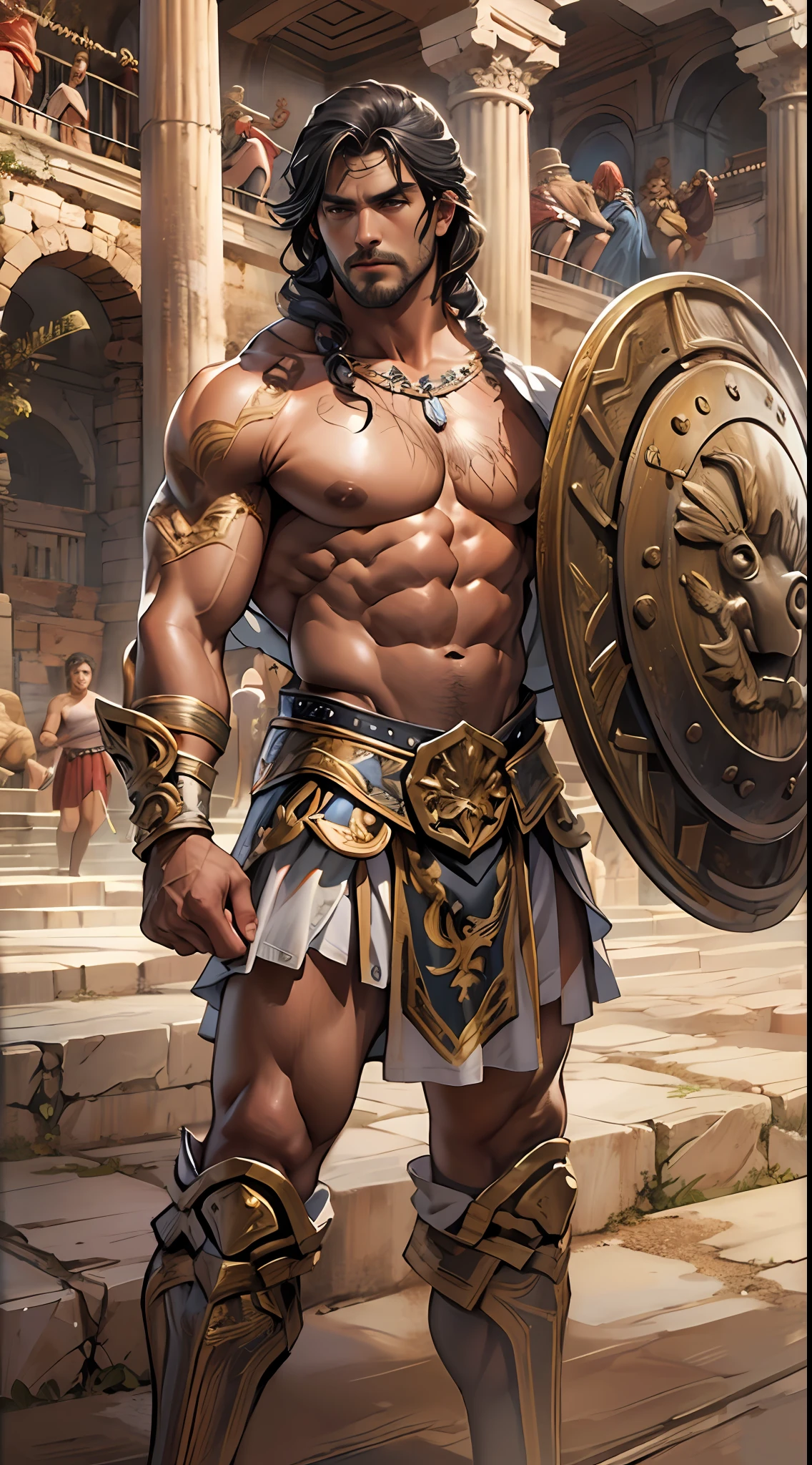 Muscular gladiator,Upper body revealed, legs uncovered from thighs to feet, flowing long curls, intricate muscular details, photorealistic artwork. Background: Ancient Roman arena.,32k uhd, best quality, masterpiece, super detail, high details
