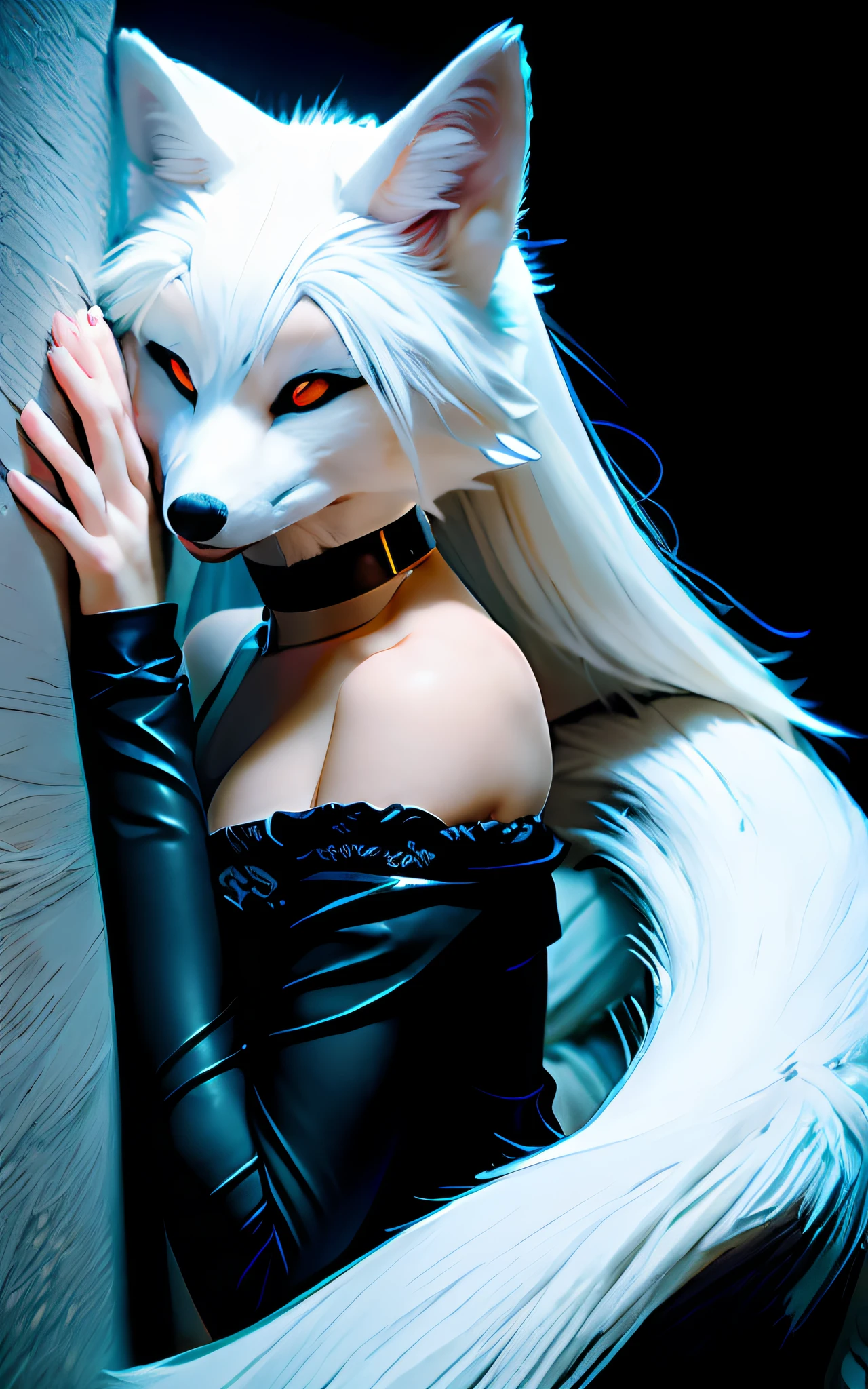 Alafi with white hair and white fox mask, White-haired fox, White fox, Vampire White Fox, Holo is a wolf girl, Furry tail, female anthropomorphic wolf, wolf women,, with kitsune mask, female fursona, furry wolf, white fox anime, Furry character, White fur Furry body White furry body White furry body White furry body White furry body There is a large one behind the buttocks, The coarse-haired fox is silvery-white-gray, Snow-white, Brownish-red tail，Long silver-white flowing hair，Fox ears on the head，Sexy red，Dark brown fur clothes，Grows a furry fox tail，Sexy and enchanting，leaning back against the wall，Fox tail，