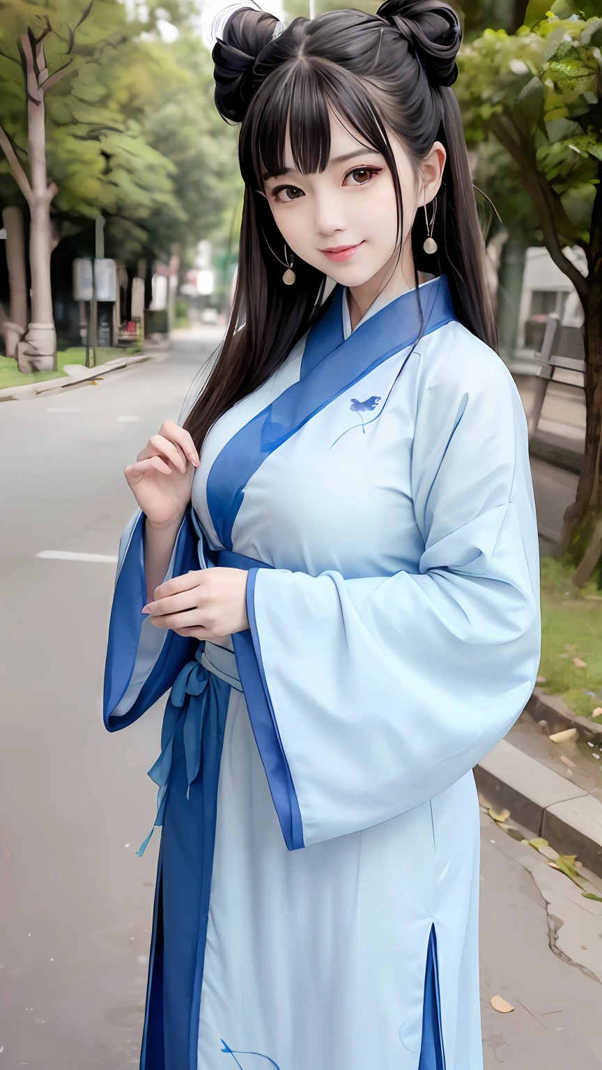 (超高分辨率,Photorealistic,Realistic,Best quality,photo-realistic), (highdetailskin,Visible pores),(Real Human,photographed), (((Blue Hanfu,Chinese style))),Realistic,Simple background,full bodyesbian, (8K, RAW photo, Best quality, Masterpiece),(1 girl),photon maping, Radio City, Physically-based rendering,automatic white balance,(((haunting smile,Long hair))),Watery eyes, (Blush|Cute and playful|Adorable|Willow slender waist|Thick bangs|Beauty|double tails|hair-bun,),(view the viewer),(irises and pupils are rounded,the pupil reflelts the surroundings,Eyes are not the same size), Chinese street, scenery, Morning