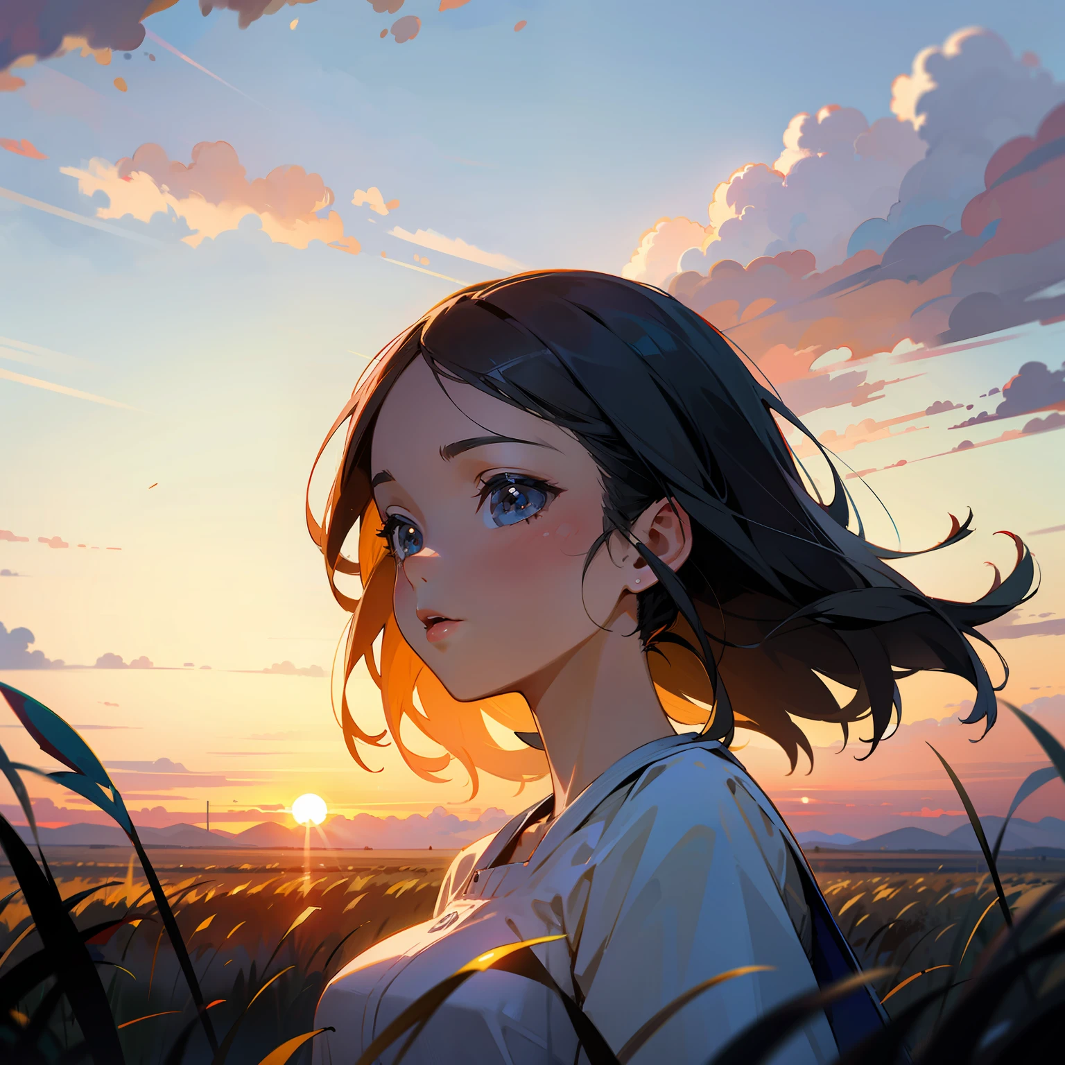 girl standing in field, detailed face, mid shot, portrait, clouds, sunrise