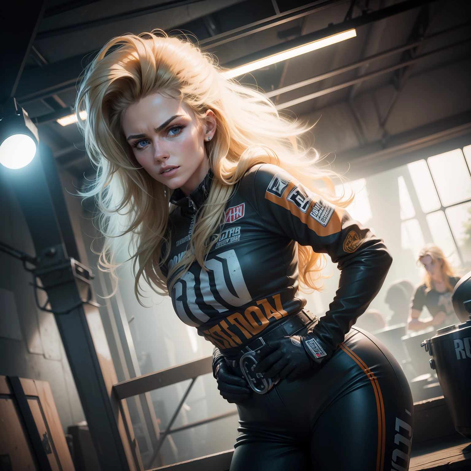 A (waist up:1.2) cinematic photorealistic color digital painting of Richard Female Blondie GMBN Presenter Anna, Mountain Biker at Dyfy Bike Park (80's heavy metal rock star hair style:1.2) jump in stage, detailed face, insanely detailed and intricate, crisp sharp and clear, volumetric lighting, ultra-high resolution, masterpiece hyper realistic artwork of Don Lawrence, centered, Professional color grading by Kenneth Hines Jr.