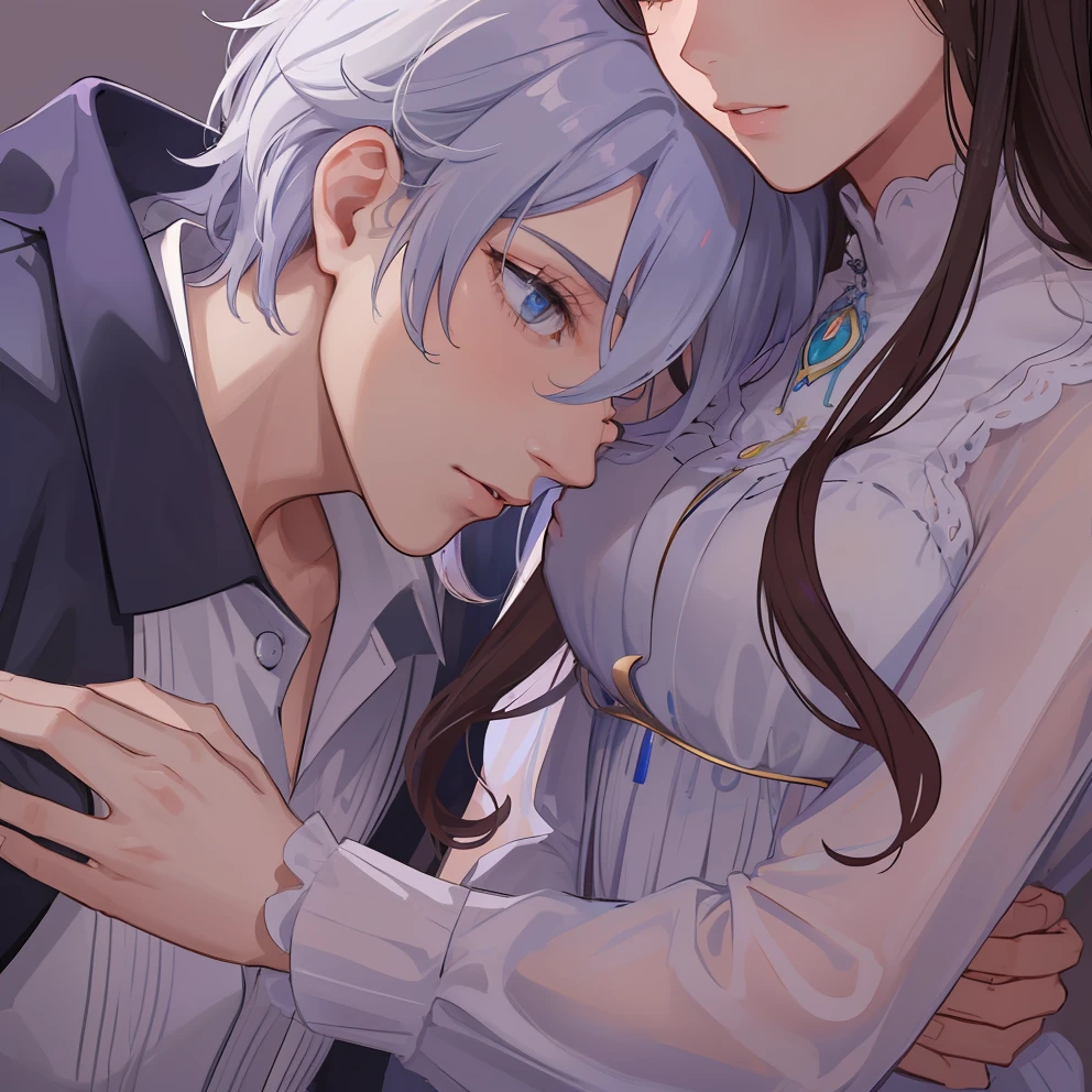 1homem, olhos azuis afiados com pupilas afiadas, cabelos brancos afiados e ele estava vestindo vestes nobres pretas e, Intimate embrace and will kiss with his beautiful wife, ela tem cabelos castanhos claros ((rosto de 41 anos))