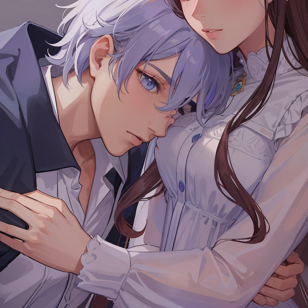 1homem, olhos azuis afiados com pupilas afiadas, cabelos brancos afiados e ele estava vestindo vestes nobres pretas e, Intimate embrace and will kiss with his beautiful wife, ela tem cabelos castanhos claros ((rosto de 41 anos))