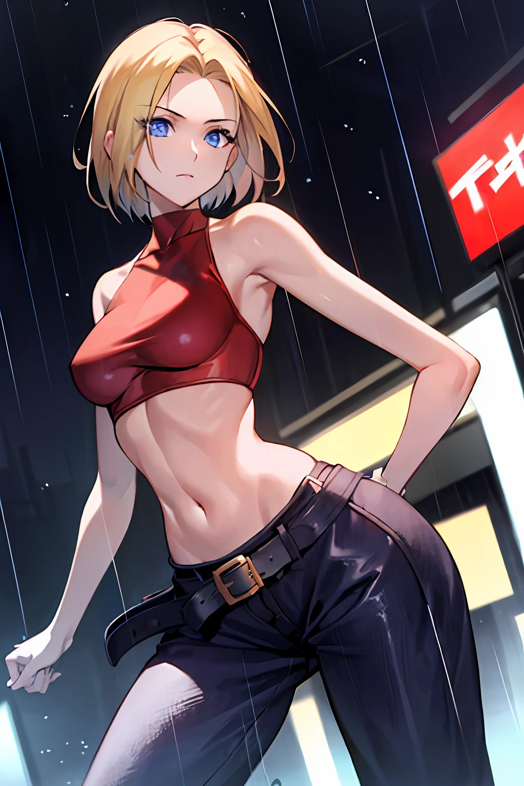 maryms, best quality, (beauty), masterpiece, 1 girl, render based on physics, ultra highres, narrow waist, thin, big eyes, long legs, (small breasts), swollen eyes, night, (rainy city), bright skin, facing the viewer, fighting posture, (close the fist), firm expression,