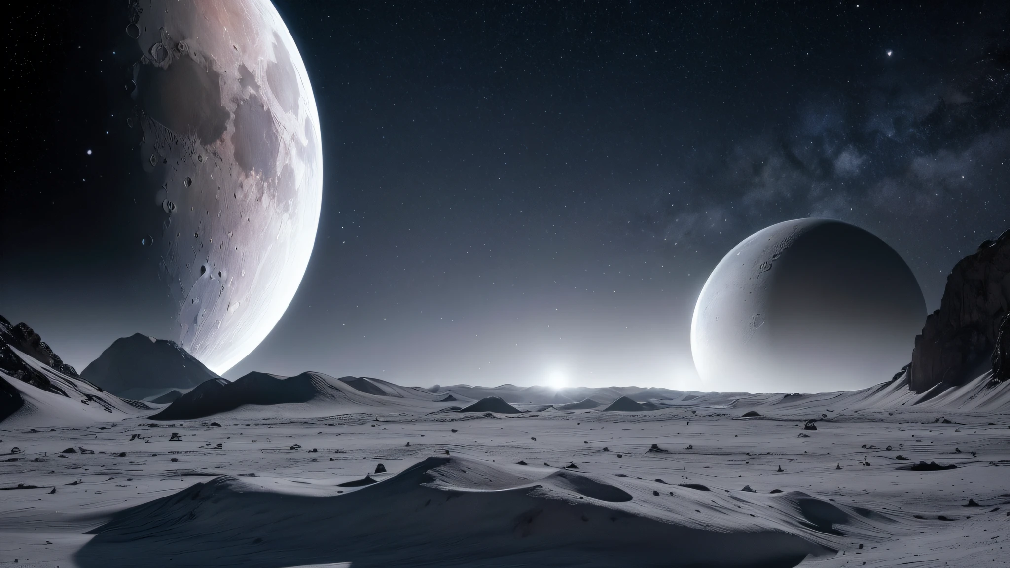Simple colors，Black and white gray，on the surface of the moon，The background is the cosmic starry sky，Strong ground texture，Simple colors，Black and white gray，Starry sky dot in the background，best qualtiy, Hyper-realistic, photorealestic, 8K, photore, Wandering Earth,star war，sharp detailed， cinematic photogtaphy, cinematic lighitnglamplight, cinema shot, black background centered, cinematic ligh, Full-HD, 1080p, 2K, 4K 18K 8K Ultra HD,focus-on、professinal、quality