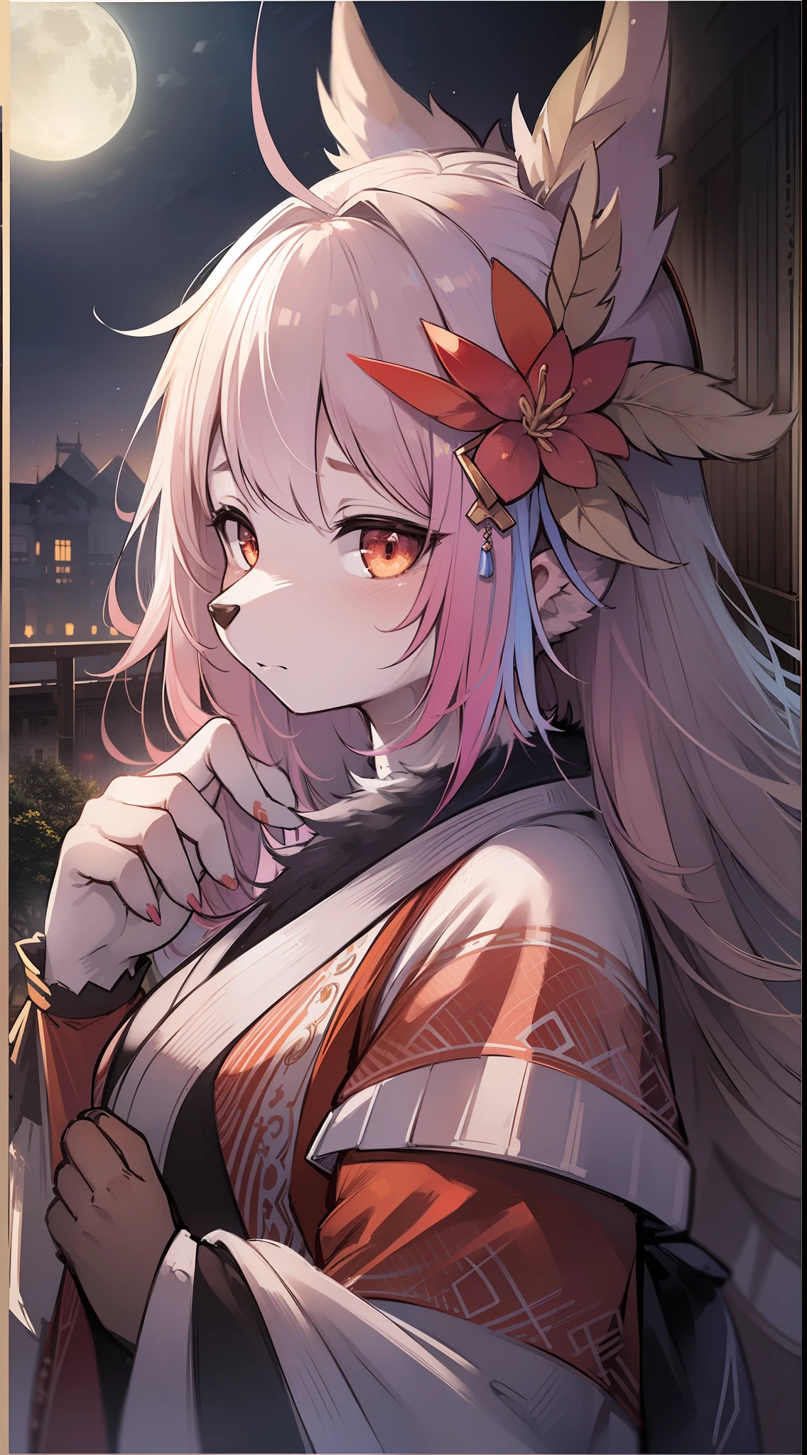 (furry:1.8), (8k, RAW photo:1.2),best quality, ultra high res,dramatic angle,(fluttered detailed color splashs), (illustration),(((1 girl))),(long pinky hair),(rain:0.9),(hair ornament:1.6),there is an ancient palace beside the girl, Japanese miko clothes,(focus on), color Ink wash painting,(color splashing),colorful splashing,(((colorful))),(sketch:0.8), Masterpiece,best quality, beautifully painted,highly detailed,(denoising:0.6),[splash ink],((ink refraction)), (beautiful detailed sky),moon,highly,detaild,(masterpiece, best quality, extremely detailed CG unity 8k wallpaper,masterpiece, best quality, ultra-detailed),(Lycoris radiata),