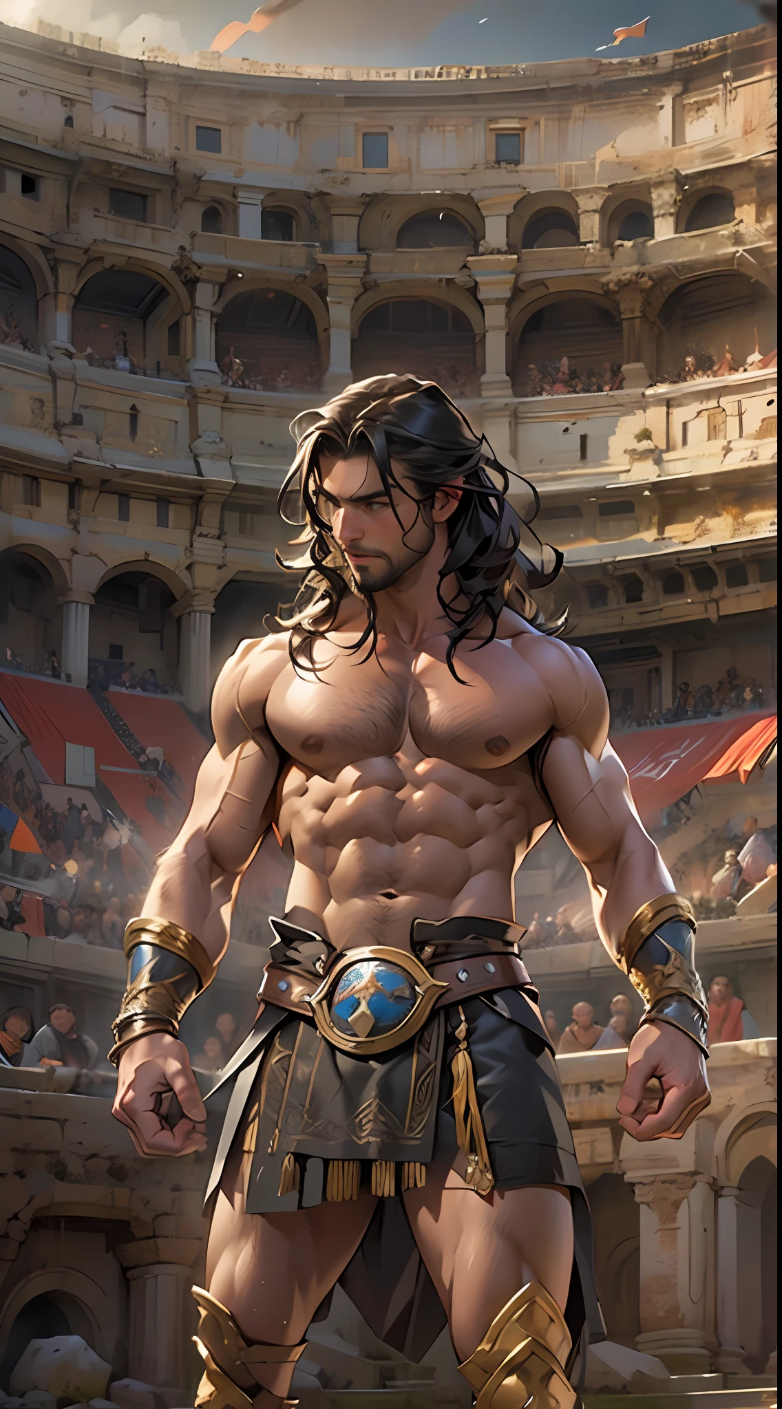 Muscular gladiator,Upper body revealed, legs uncovered from thighs to feet, flowing long curls, intricate muscular details, photorealistic artwork. Background: Ancient Roman arena.,32k uhd, best quality, masterpiece, super detail, high details