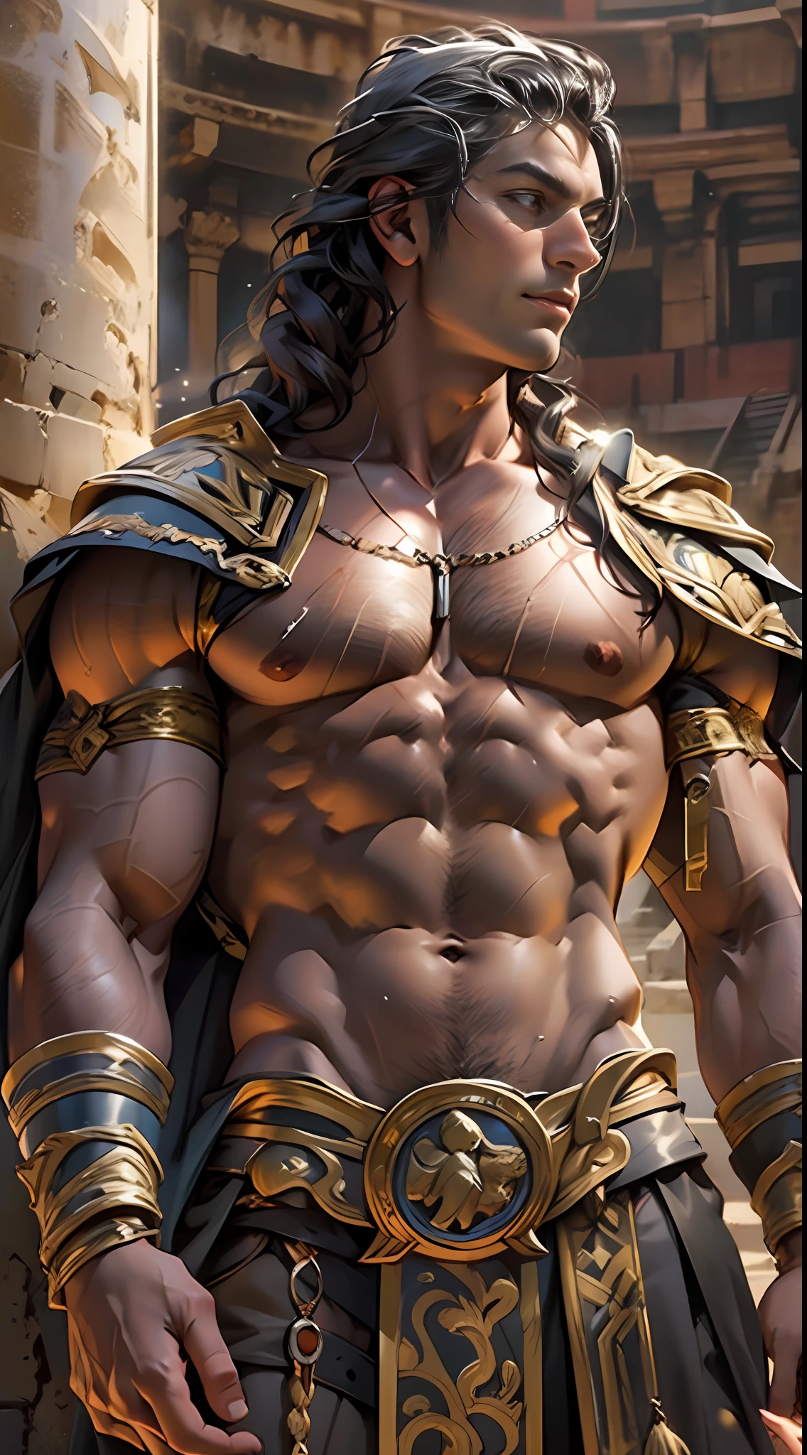 Muscular gladiator,Upper body revealed, legs uncovered from thighs to feet, flowing long curls, intricate muscular details, photorealistic artwork. Background: Ancient Roman arena.,32k uhd, best quality, masterpiece, super detail, high details
