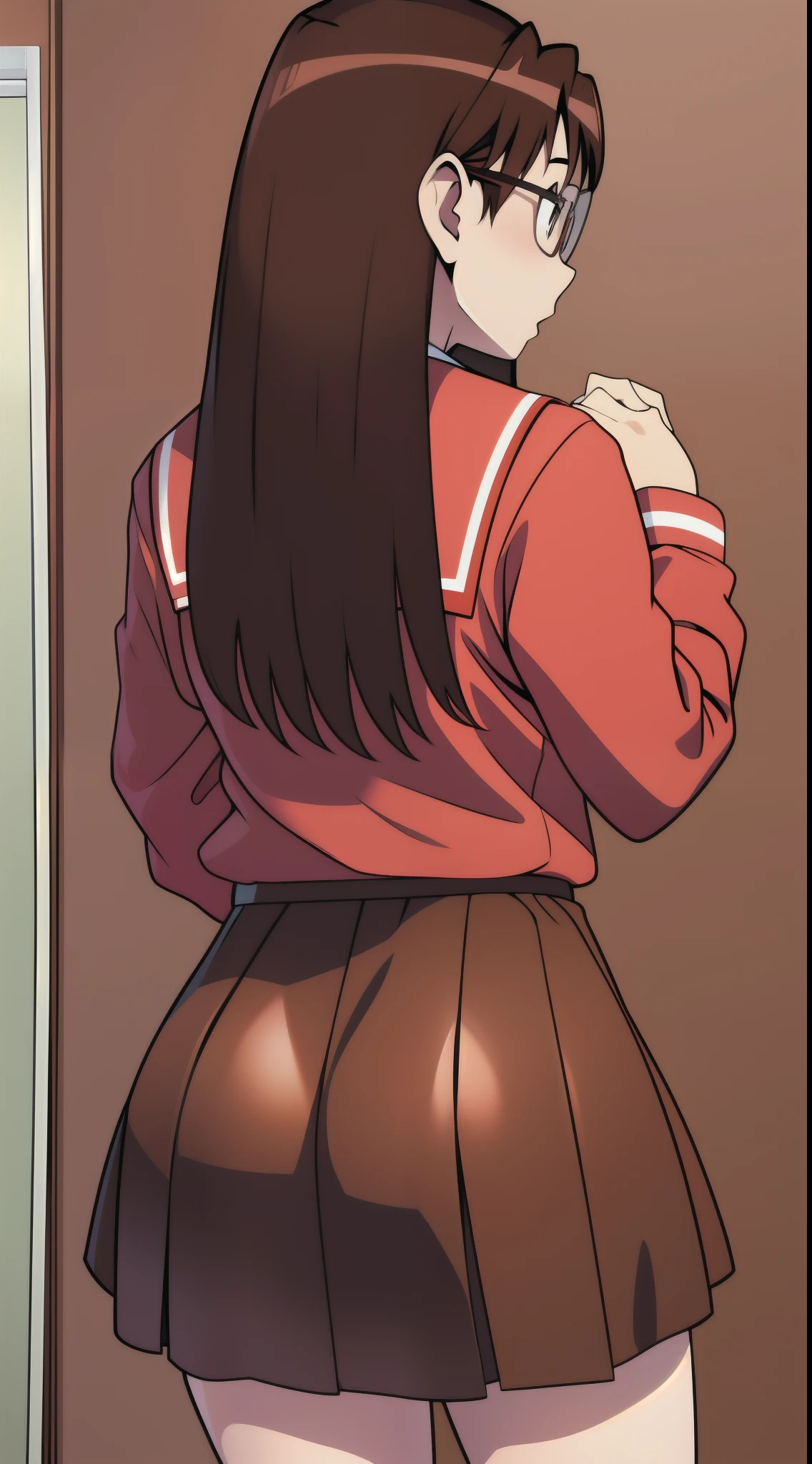 Koyomi Mizuhara, brown hair, long hair, glasses, seifuku uniform, red seifuku shirt, brown skirt, black high socks, brown shoes, medium breasts, Wallpaper, view from behind, tight skirt, fine ass