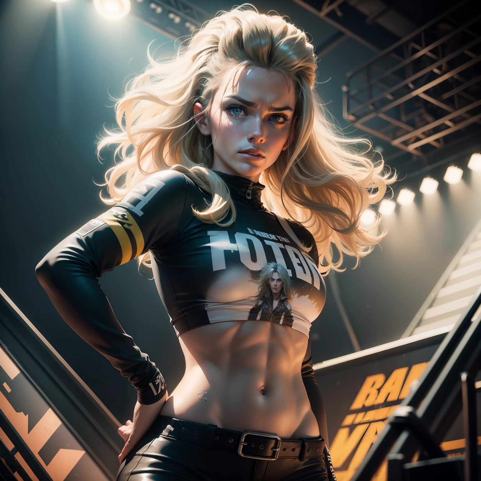 A (waist up:1.2) cinematic photorealistic color digital painting of Richard Female Blondie GMBN Presenter Anna, Mountain Biker at Dyfy Bike Park (80's heavy metal rock star hair style:1.2) jump in stage, detailed face, insanely detailed and intricate, crisp sharp and clear, volumetric lighting, ultra-high resolution, masterpiece hyper realistic artwork of Don Lawrence, centered, Professional color grading by Kenneth Hines Jr.