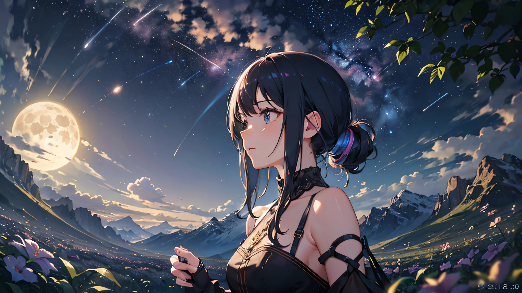 Expansive landscape photograph, (view from below with a view of the sky and the wilderness below), little girl standing in a flower field looking up, (full moon: 1.2), (shooting star: 0.9), (nebula: 1.3), distant mountain, tree break production art, (warm light source: 1.2), (firefly: 1.2), lamp, purple and orange, intricate detail, volume lighting BREAK (masterpiece: 1.2), (highest quality ), 4k, ultra-detailed, (dynamic configuration: 1.4), highly detailed and colorful details (iridescent: 1.2), (sparkling lighting, atmospheric lighting), dreamy, magical, (solo: 1.2)