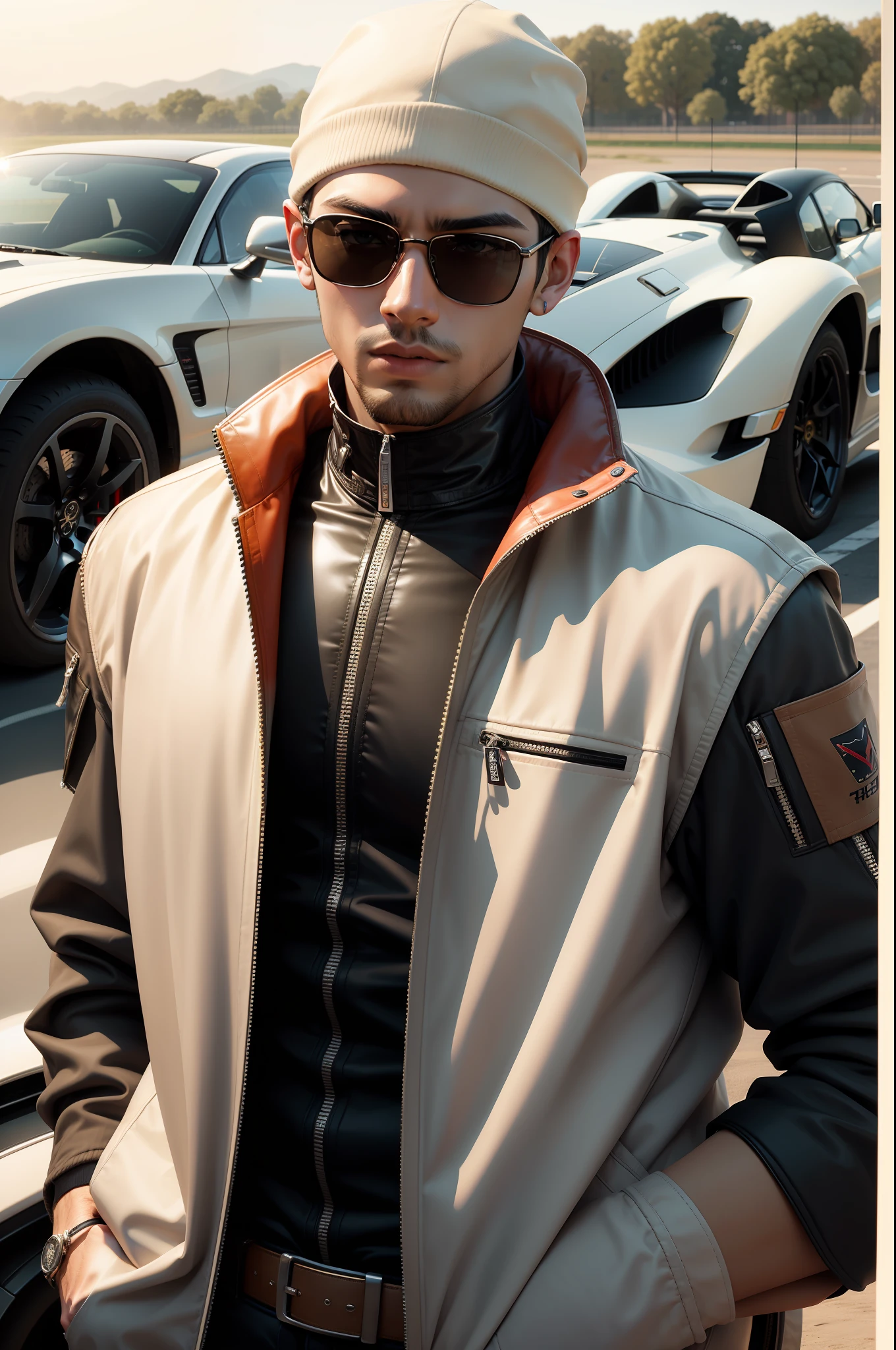 Hot boy wearing demin jacket and change background filled with super cars , rich boy , full hd ,