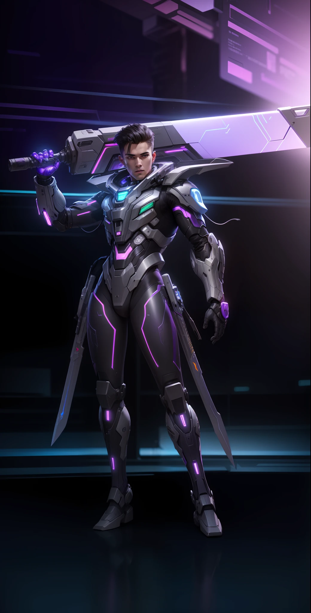 A young Man with futuristic mech suit, raising up A sword on his Shoulder, purple light sword, cybernetic,cyberpunk,purple LED on suit, futuristic theme, clear focus, Futuristic guy, masterpiece, Amazing, 8k, best quality, high resolution, Ultra realistic, extremely detailed face,