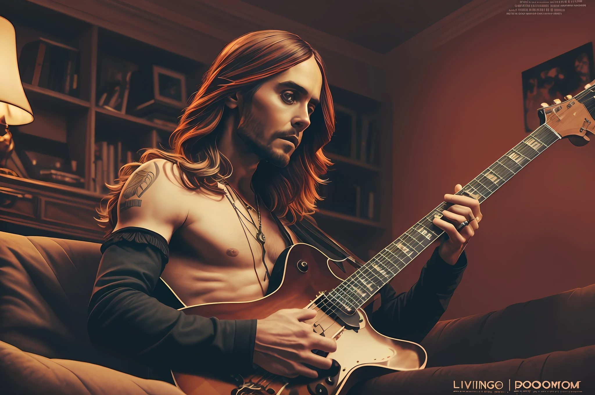 Jared Leto on the black sofa in the living room playing guitar naked, bright luxury flat, gothic atmosphere, realistic, more details, high quality --auto --s2