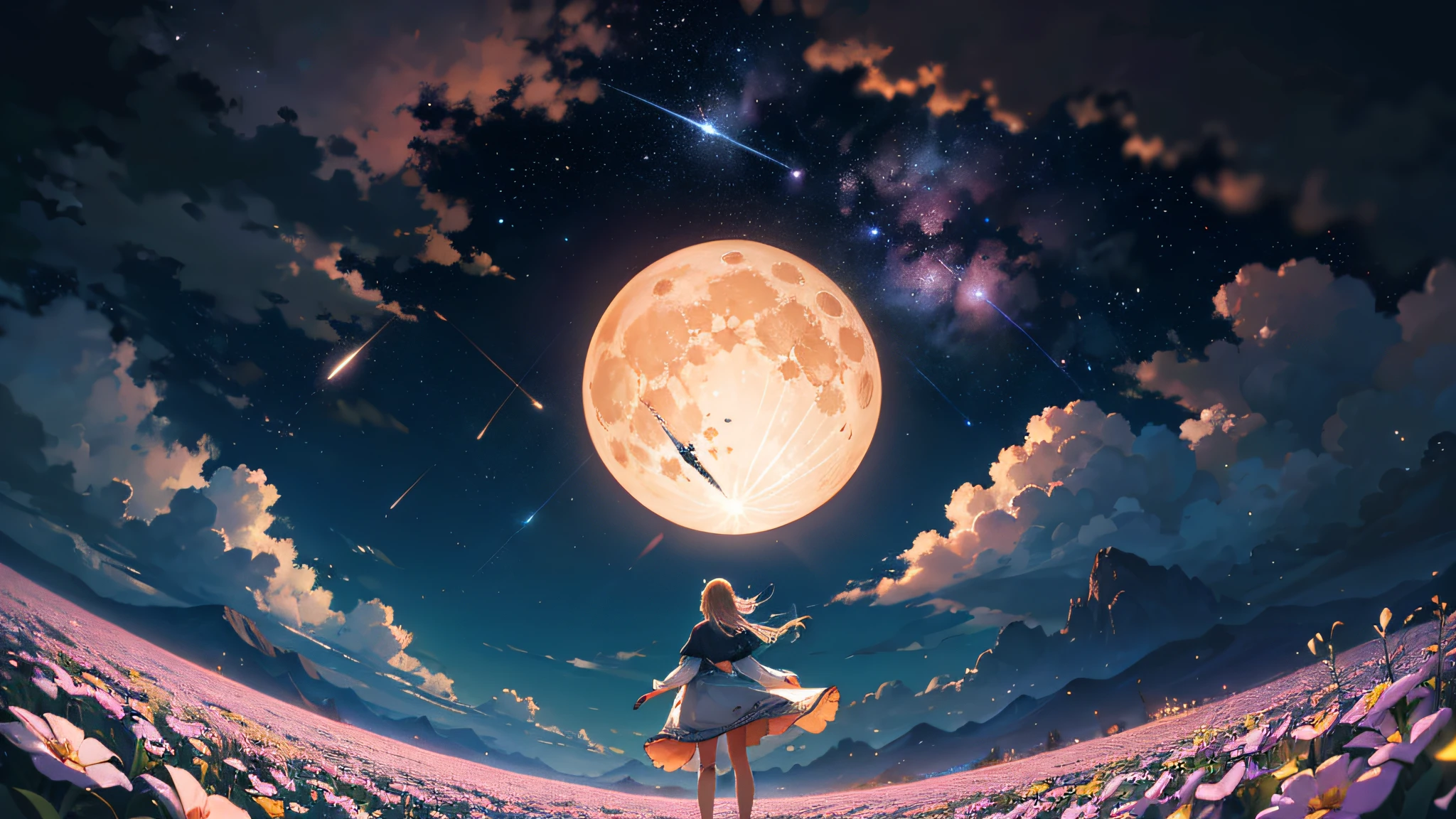 Expansive landscape photograph, (view from below with a view of the sky and the wilderness below), little girl standing in a flower field looking up, (full moon: 1.2), (shooting star: 0.9), (nebula: 1.3), distant mountain, tree break production art, (warm light source: 1.2), (firefly: 1.2), lamp, purple and orange, intricate detail, volume lighting BREAK (masterpiece: 1.2), (highest quality ), 4k, ultra-detailed, (dynamic configuration: 1.4), highly detailed and colorful details (iridescent: 1.2), (sparkling lighting, atmospheric lighting), dreamy, magical, (solo: 1.2)