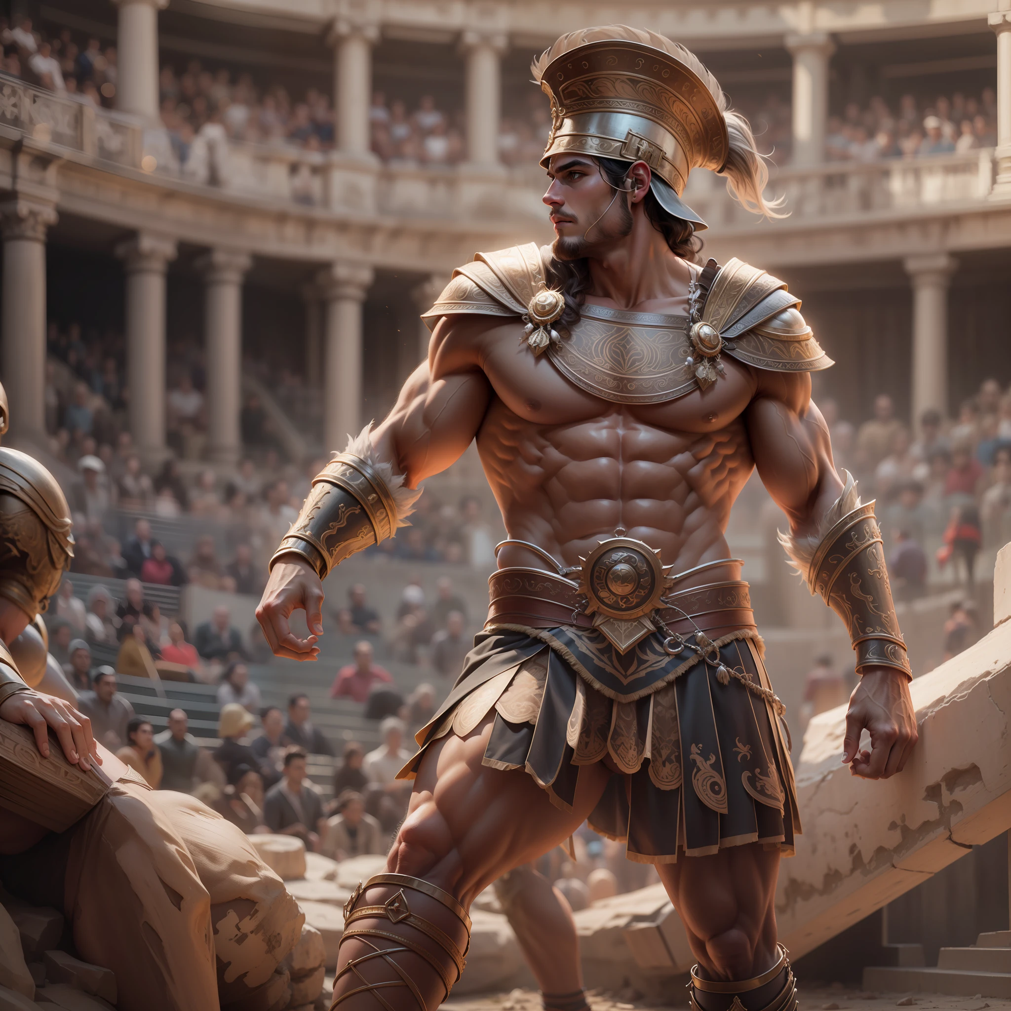 Muscular gladiator,Upper body revealed, legs uncovered from thighs to feet, flowing long curls, intricate muscular details, photorealistic artwork. Background: Ancient Roman arena.,32k uhd, best quality, masterpiece, super detail, high details