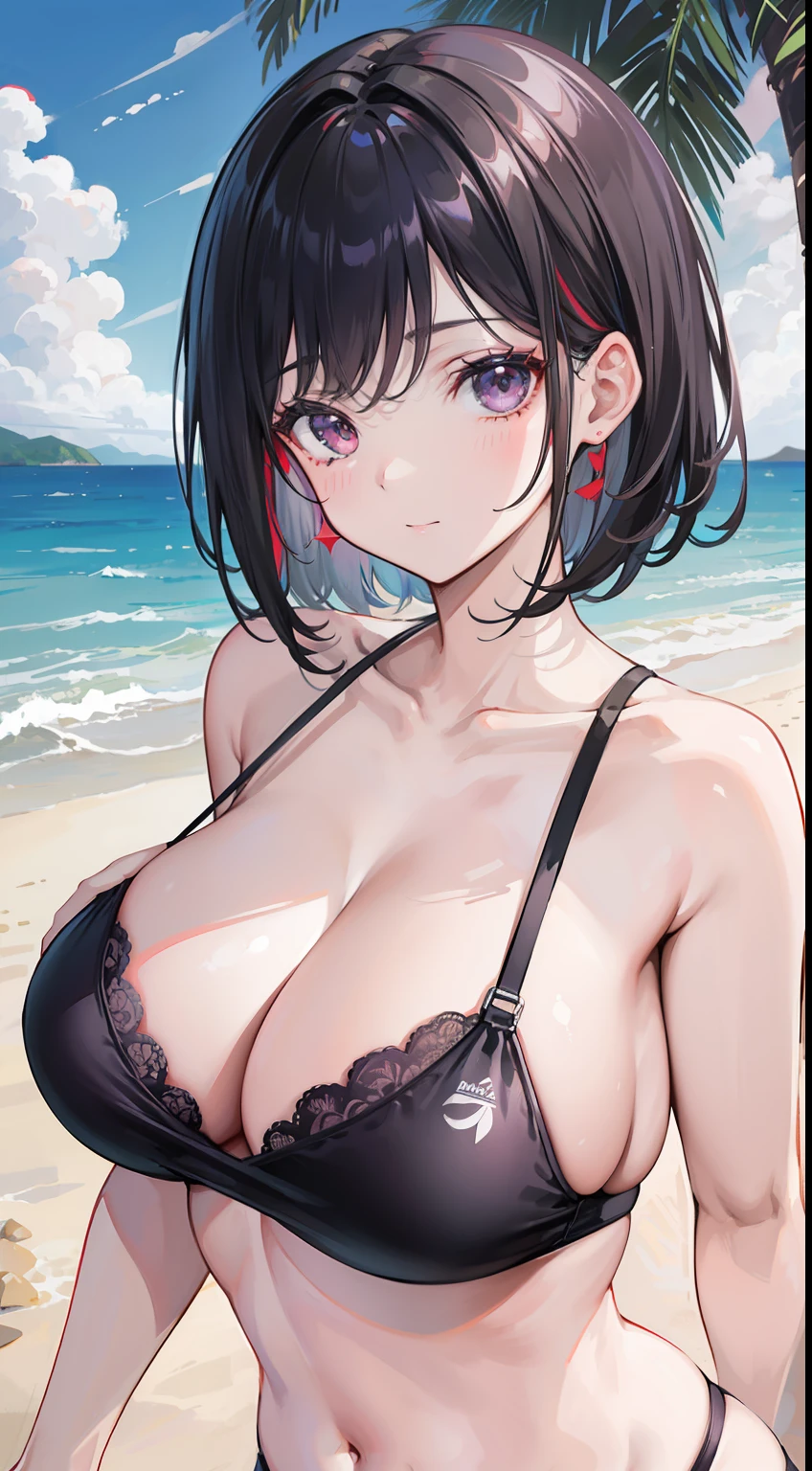 one-girl，30 age old，having fun，Close-up of people，Top-down view，Close-up，short detailed hair，Black hair，Black bra，swim wears，Bust photo，The upper part of the body，比基尼，body curve，Purple eye，(Breast size 1.3)，looks into camera，sportrait，closeup cleavage，Be red in the face，ssmile，brassier，beachside，sandbeach，​​clouds，The tree