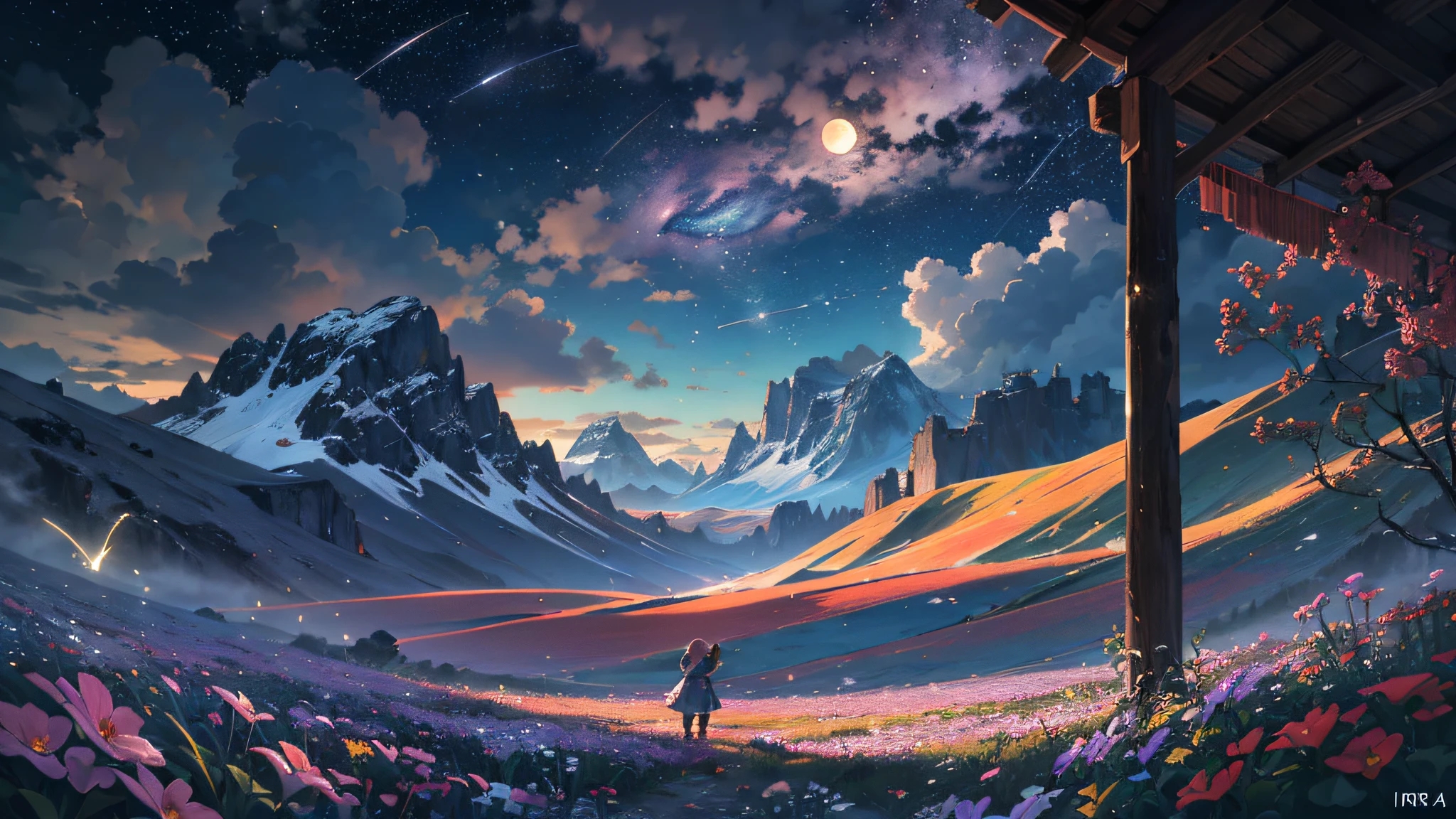 Expansive landscape photograph, (view from below with a view of the sky and the wilderness below), girl standing in a flower field looking up, (full moon: 1.2), (shooting star: 0.9), (nebula: 1.3), distant mountain, tree break production art, (warm light source: 1.2), (firefly: 1.2), lamp, purple and orange, intricate detail, volume lighting BREAK (masterpiece: 1.2), (highest quality ), 4k, ultra-detailed, (dynamic configuration: 1.4), highly detailed and colorful details (iridescent: 1.2), (sparkling lighting, atmospheric lighting), dreamy, magical, (solo: 1.2)