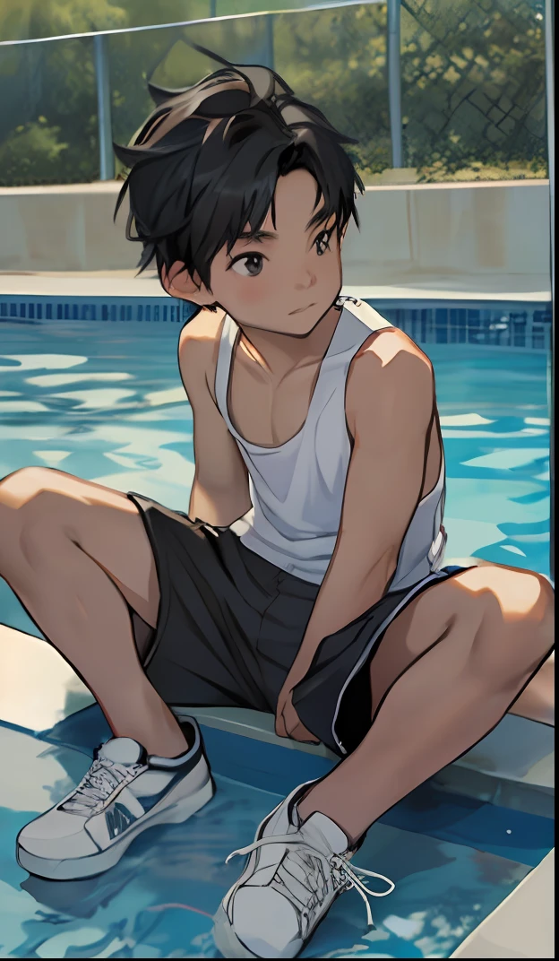 ​masterpiece, top-quality, Please wear a gray tank top and black shorts, (8 year old boy sitting by the pool), Petite and fair-skinned boy,　short stature, Full body up, Cute characters, Short-haired with black hair,