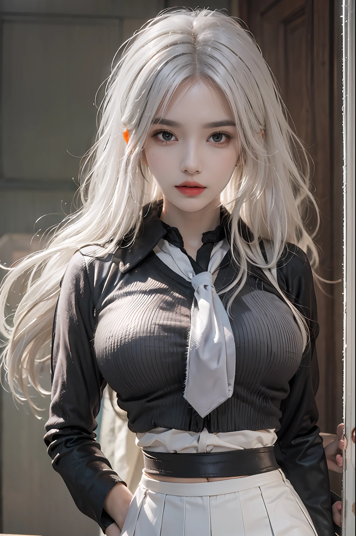 photorealistic, high resolution, 1 women, solo, hips up, beautiful eyes, white hair, long hair, ringed eyes, collared shirt, black necktie,black skirt, pencil skirt, fur coat, black stockings