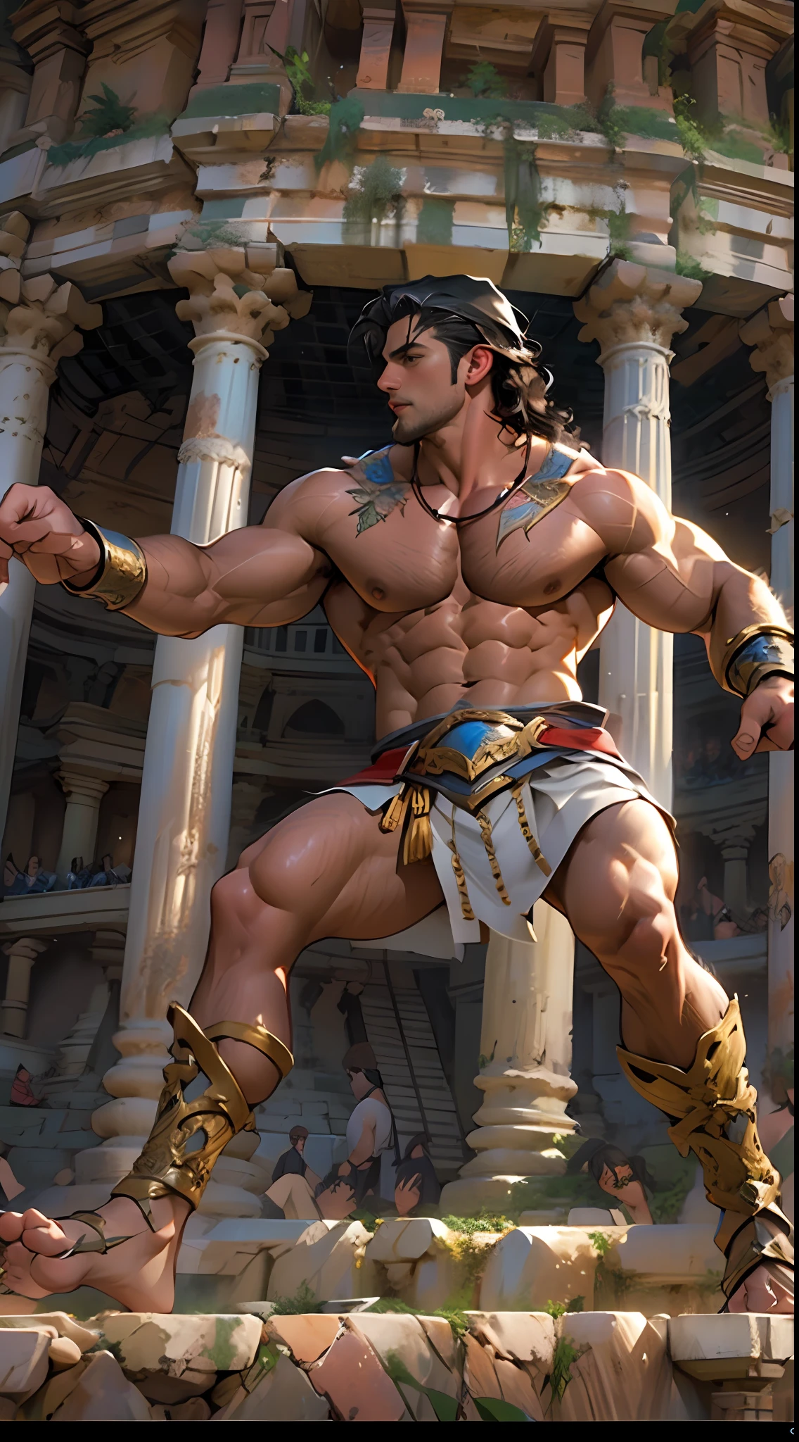 Muscular gladiator,Upper body revealed, legs uncovered from thighs to feet, flowing long curls, intricate muscular details, photorealistic artwork. Background: Ancient Roman arena.,32k uhd, best quality, masterpiece, super detail, high details