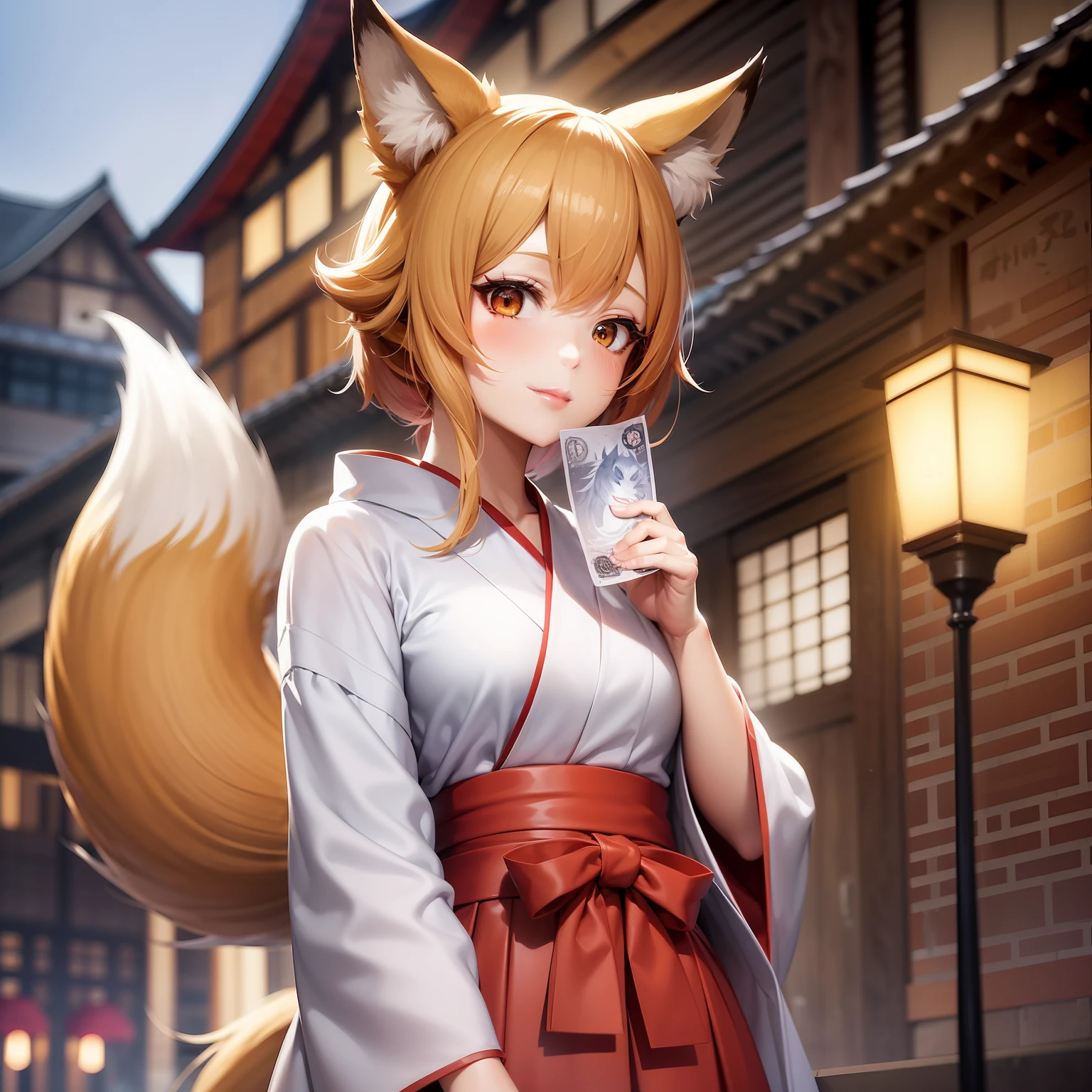 Anime girl in red skirt and white yukata、Holding a banknote in your hand、One girl in anime,ocher hair、 fox nobushi, foxes, Fox three-tailed fox, with kitsune mask, けもの, a beautiful kitsune woman、unrealengine