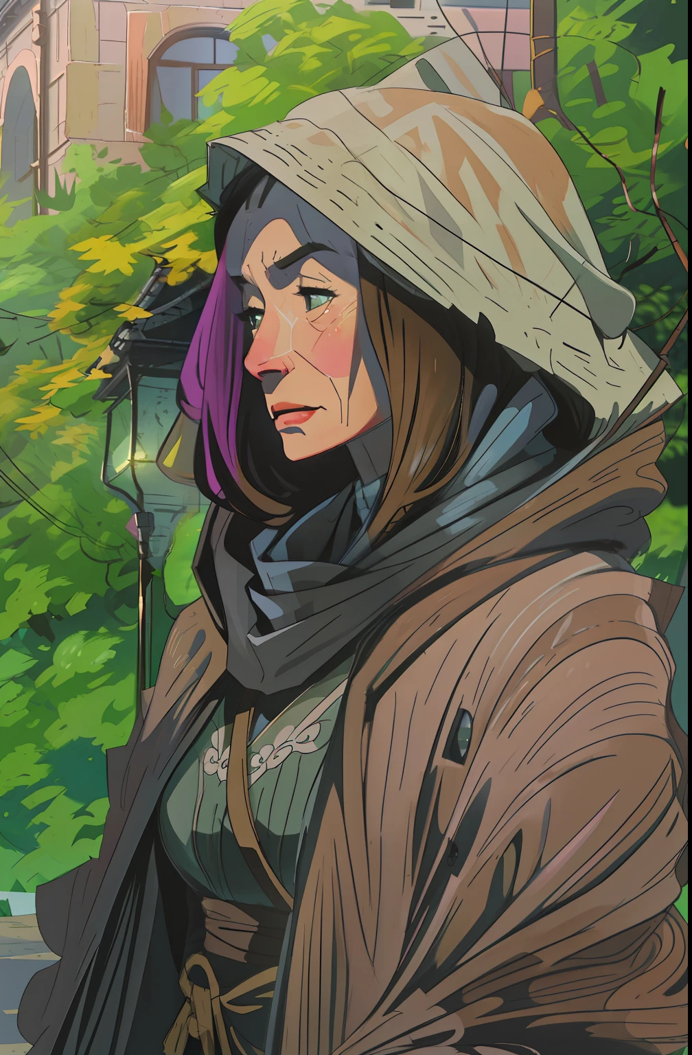 Pattern, realistic fentezi, 7K,A hyper-realistic, hyper-detailing, analog style, Woman over 60 years old, has mimic wrinkles, dark hair;, wrinkles, 1.90 tall, An old shabby raincoat, detailed skin, Matte skin, soft-lighting, sub-surface Scattering, Realistic, Heavy shadow, Masterpiece, Best Quality, ultra realistis, 8K, the golden ratio, Intricate, high detail, Film photography, soft focus, witchy, Denshin is over 49 years old, in a cloak with a hood on his head, An old scarf, wrapped around the head, The wind steals the leaves, + Baba Yaga, standing next to a ruined houseDetailed appearance, Четкость 8 K, A huge loose rope weighs in front, A whirlwind of leaves beneath your feet, BREAK , Illustrate a monochromatic world, Use only shades of black, White & gris, To convey depth, Emotions and striking visual impact. Landscapes."street fighter", in the style of 0MIB, Ghibli