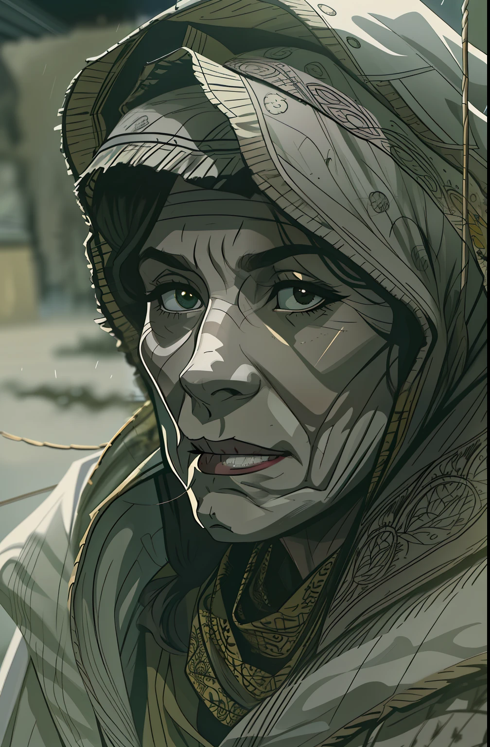 Pattern, realistic fentezi, 7K,A hyper-realistic, hyper-detailing, analog style, Woman over 60 years old, has mimic wrinkles, dark hair;, wrinkles, 1.90 tall,  An old shabby raincoat, detailed skin, Matte skin, soft-lighting, sub-surface Scattering, Realistic, Heavy shadow, Masterpiece, Best Quality, ultra realistis, 8K, the golden ratio, Intricate, high detail, Film photography, soft focus, witchy, Denshin is over 49 years old, in a cloak with a hood on his head, An old scarf, wrapped around the head, The wind steals the leaves, + Baba Yaga, standing next to a ruined houseDetailed appearance, Четкость 8 K, A huge loose rope weighs in front, A whirlwind of leaves beneath your feet, BREAK , Illustrate a monochromatic world, Use only shades of black, White & gris, To convey depth, Emotions and striking visual impact. Landscapes."street fighter", in the style of 0MIB, Ghibli
