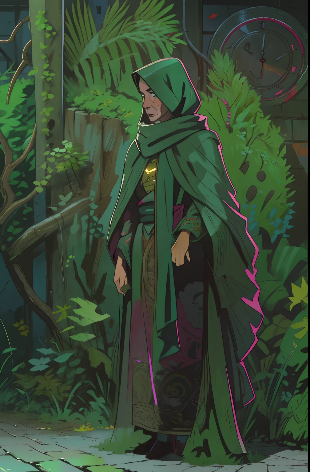 Pattern, realistic fentezi, 7K,A hyper-realistic, hyper-detailing, analog style, Woman over 60 years old, has mimic wrinkles, dark hair;, wrinkles, 1.90 tall, An old shabby raincoat, detailed skin, Matte skin, soft-lighting, sub-surface Scattering, Realistic, Heavy shadow, Masterpiece, Best Quality, ultra realistis, 8K, the golden ratio, Intricate, high detail, Film photography, soft focus, witchy, Denshin is over 49 years old, in a cloak with a hood on his head, An old scarf, wrapped around the head, The wind steals the leaves, + Baba Yaga, standing next to a ruined houseDetailed appearance, Четкость 8 K, A huge loose rope weighs in front, A whirlwind of leaves beneath your feet, BREAK , Illustrate a monochromatic world, Use only shades of black, White & gris, To convey depth, Emotions and striking visual impact. Landscapes."street fighter", in the style of 0MIB, Ghibli
