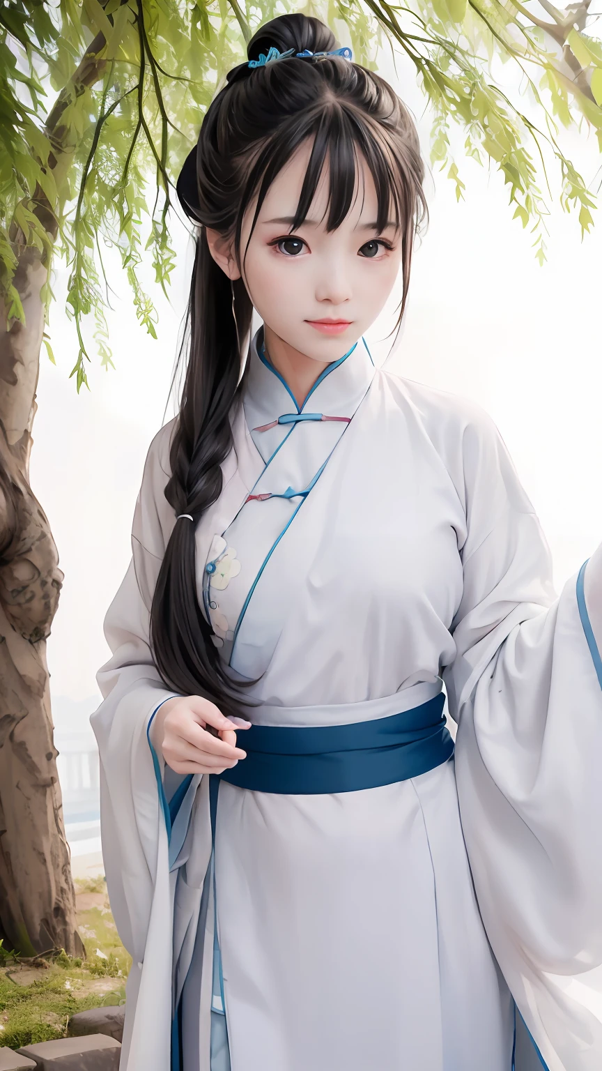 (超高分辨率,Photorealistic,Realistic,Best quality,photo-realistic), (highdetailskin,Visible pores),(Real Human,photographed), (((Random color Hanfu,Chinese style))),Realistic,Simple background,full bodyesbian, (8K, RAW photo, Best quality, Masterpiece),(1 girl),photon maping, Radio City, Physically-based rendering,automatic white balance,(((haunting smile,Long hair))),Watery eyes, (Blush|Cute and playful|Adorable|Willow slender waist|Thick bangs|Beauty|double tails|hair-bun,),(view the viewer),(irises and pupils are rounded,the pupil reflelts the surroundings,Eyes are not the same size), Chinese street, scenery, Morning