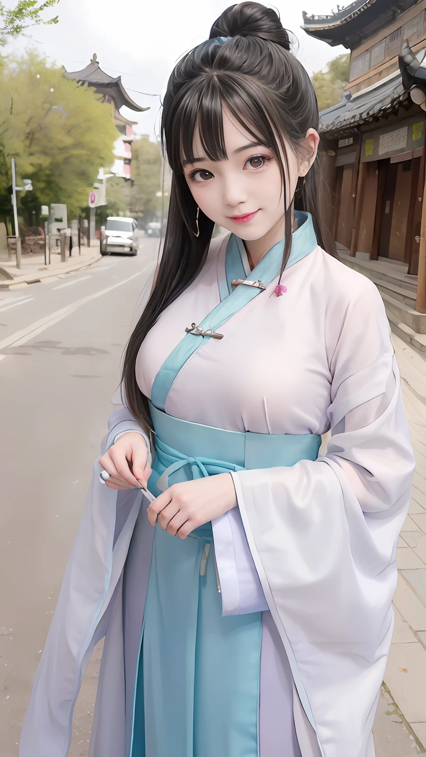 (超高分辨率,Photorealistic,Realistic,Best quality,photo-realistic), (highdetailskin,Visible pores),(Real Human,photographed), (((Random color Hanfu,Chinese style))),Realistic,Simple background,full bodyesbian, (8K, RAW photo, Best quality, Masterpiece),(1 girl),photon maping, Radio City, Physically-based rendering,automatic white balance,(((haunting smile,Long hair))),Watery eyes, (Blush|Cute and playful|Adorable|Willow slender waist|Thick bangs|Beauty|double tails|hair-bun,),(view the viewer),(irises and pupils are rounded,the pupil reflelts the surroundings,Eyes are not the same size), Chinese street, scenery, Morning