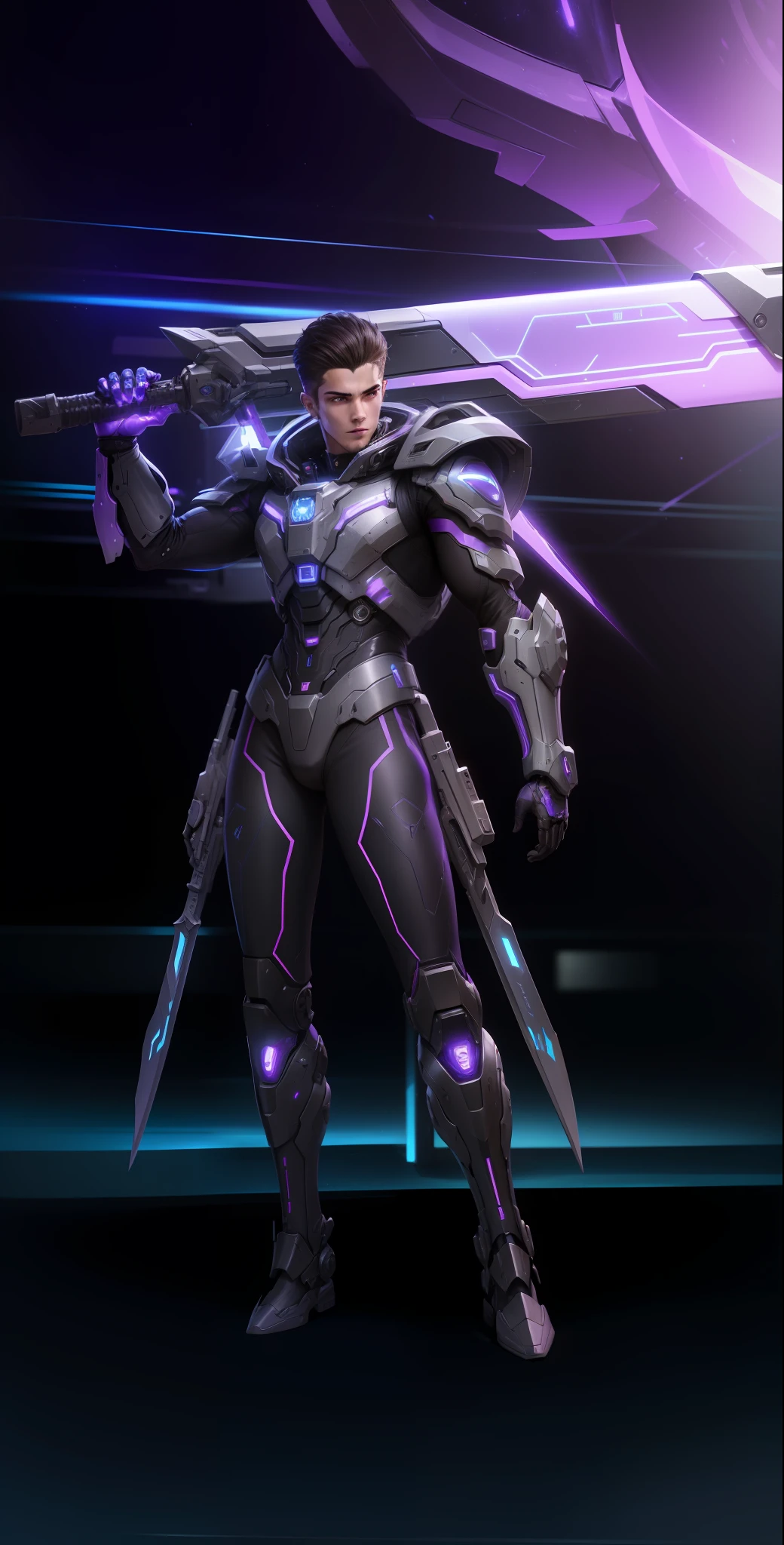 A young Man with futuristic mech suit, raising up A sword on his Shoulder, blue light eyes, shining eyes, purple light sword, cybernetic,cyberpunk,purple LED on suit, futuristic theme, clear focus, Futuristic guy, masterpiece, Amazing, 8k, best quality, high resolution, Ultra realistic, extremely detailed face,