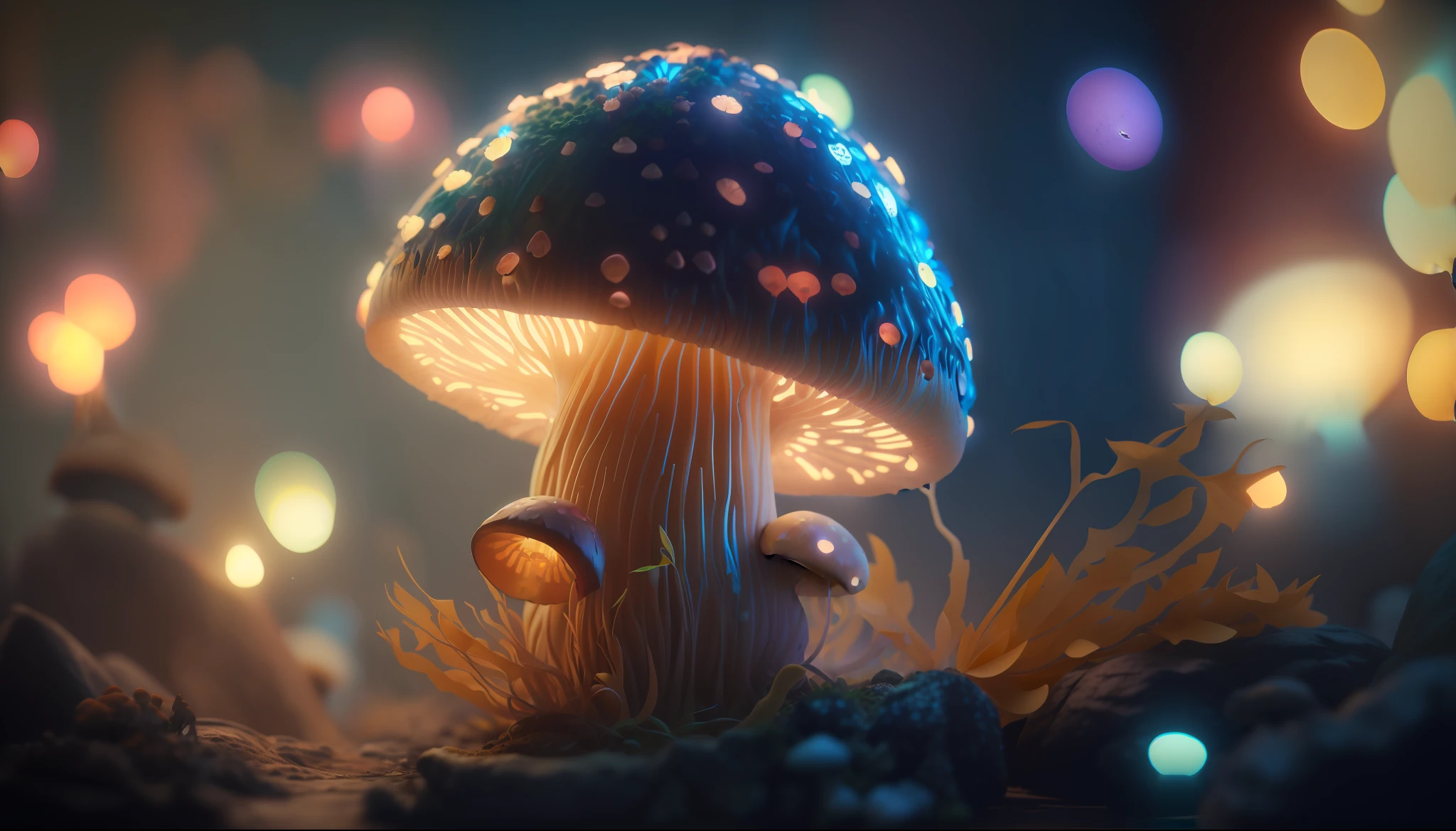 On the ground sits a mushroom tree, beautiful octane render, ultra realistic 3d illustration, glowing mushrooms, magic mushrooms, 3 d render stylized, stylized 3d render, mushrooms style and macro style, in the art style of filip hodas, 3 d render beeple, by filip hodas, super rendered in octane render
