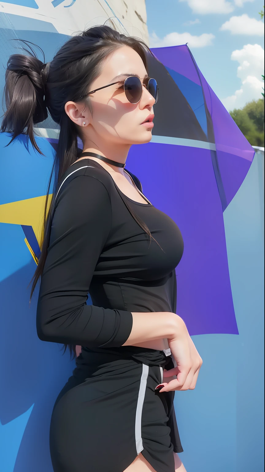 A woman with long hair tied back wearing sunglasses in a black shirt and black shorts with big breasts in high quality 4k hd photo