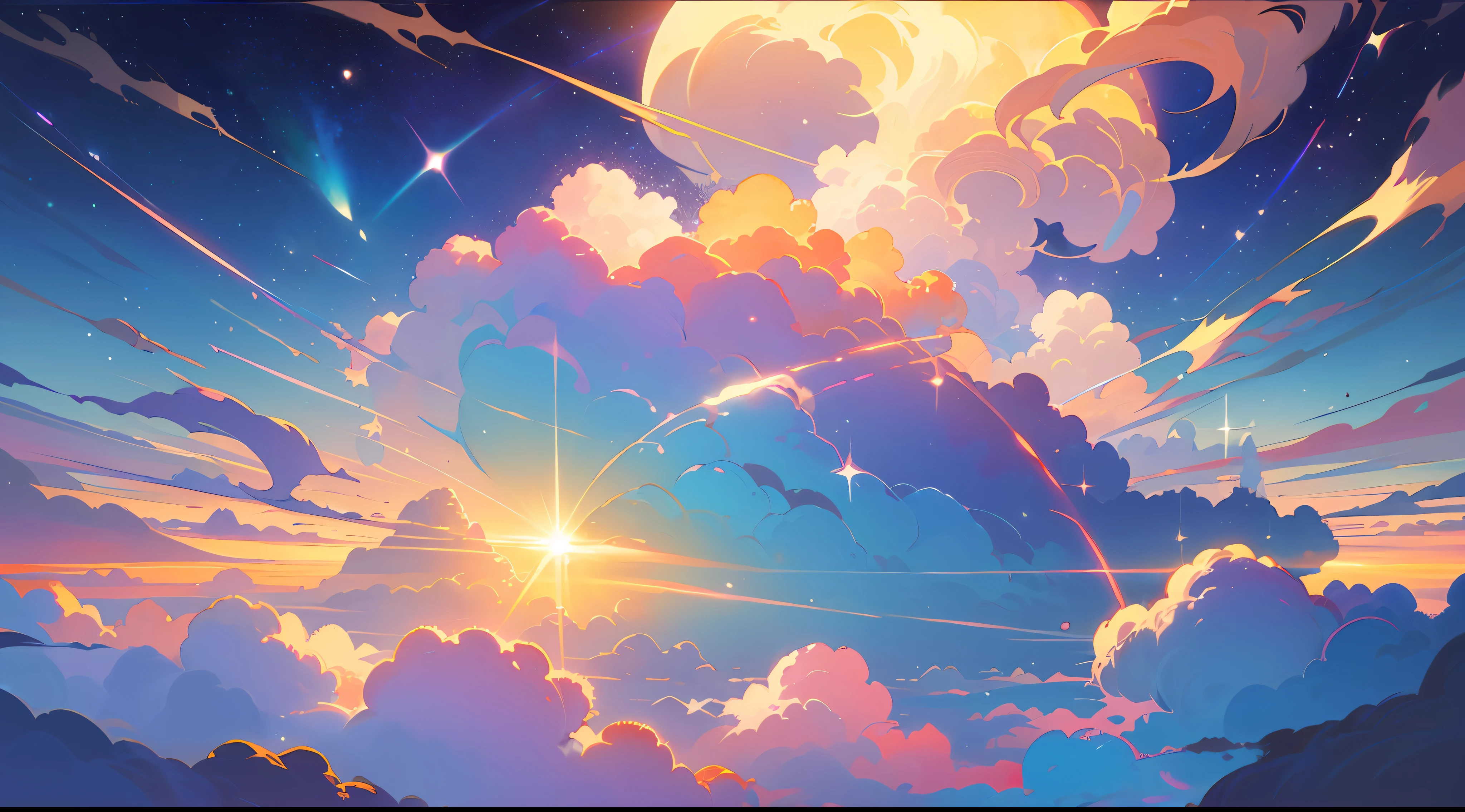 (Best quality),(masterpiece),(ultra detailed),(high detailed),(extremely detailed),Subject: Anime Sky Dreamscapes
Medium: Digital illustration or traditional painting.
Resolution: 4000x2000 pixels.
Color Palette: Soft pastel colors with a mix of vibrant hues.
Mood: Magical, ethereal, and serene.
Composition: Expansive skies with floating islands, whimsical clouds, and other dreamlike elements.
Lighting: Soft, diffused lighting with a warm, golden glow.
Style: Anime-inspired with a touch of fantasy and surrealism.
Details: Include elements such as shooting stars, colorful nebulae, fluffy clouds, and mystical creatures.
Inspiration: Anime fantasy worlds, Studio Ghibli films, surreal art, and celestial imagery.
Camera Setup: None (since it's a digital illustration).
Additional Notes: Emphasize the vastness and beauty of the sky by creating a sense of depth and space. Experiment with various cloud formations and shapes, ranging from fluffy cumulus clouds to wispy cirrus clouds. Incorporate celestial elements like moons, stars, and galaxies to enhance the dreamy atmosphere. Use soft brush strokes and blending techniques to create a seamless and ethereal look. Play with lighting effects, such as gentle rays of sunlight or glowing orbs, to add a magical touch. Consider adding whimsical creatures like flying dragons or floating jellyfish to bring a sense of wonder to the scene. Don't be afraid to let your imagination soar and create a dreamlike world that captures the essence of anime fantasy.