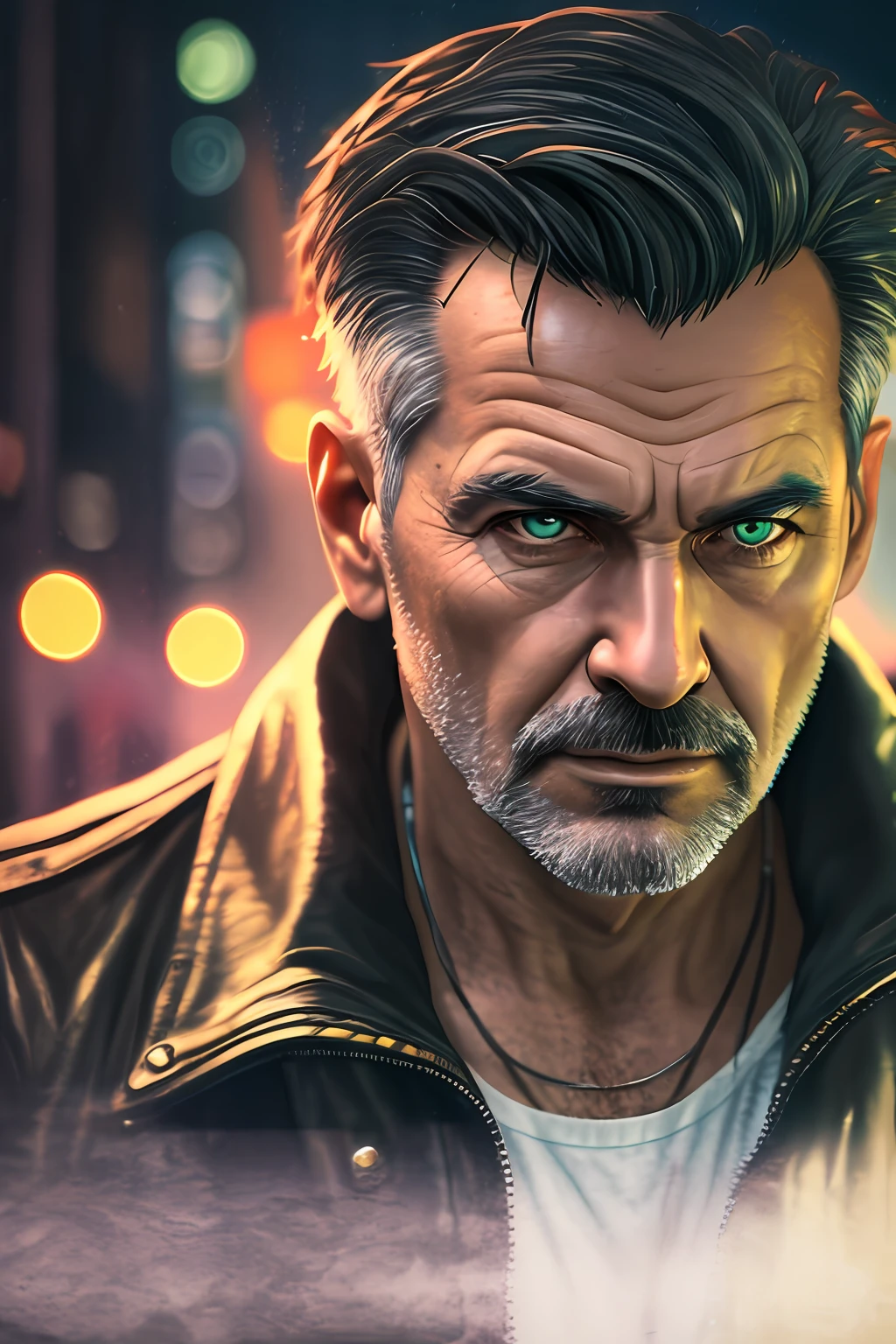 masterpiece, high detail, trending on artstation, realistic, detailed face, overall, a photo of a cyberpunk private detective, old man, dark hair, dirty, drone, Blade Runner city, neo lights, dark, rain, night, RAW, canon r6, wide shot, sharp, blurry background, rule of thirds, dramatic lights, dark shadows