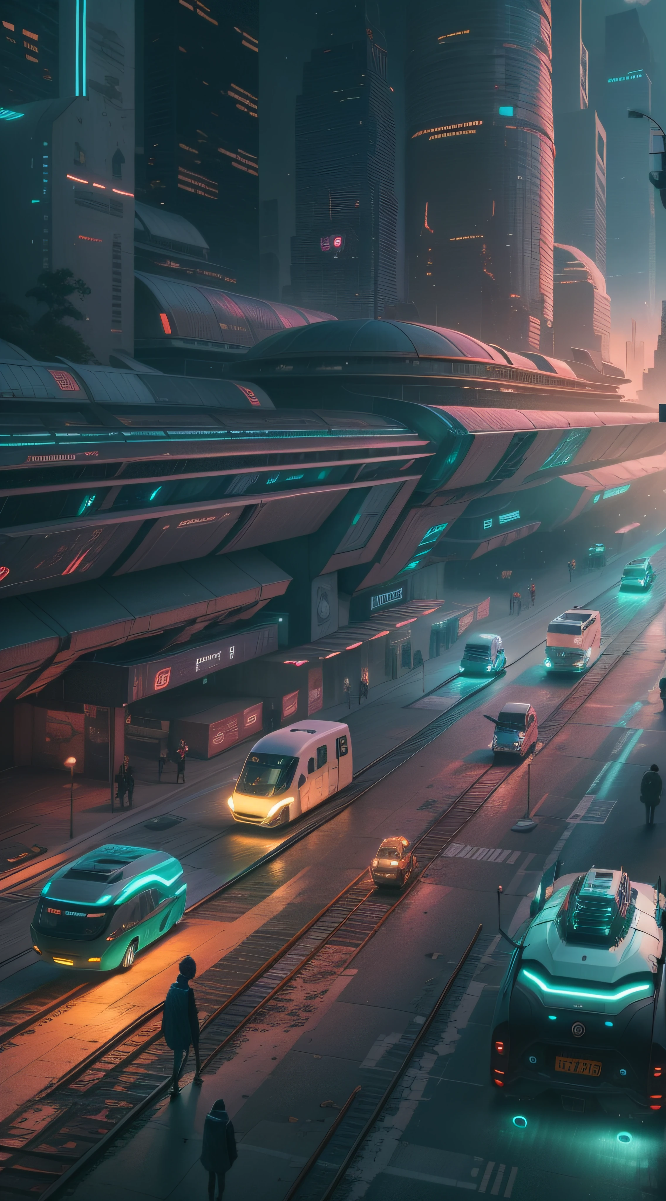 futuristic city , estilo Cyberpunk , pessoas transitando , Different futuristic cars transiting , imagem sem erros e deformidades , resolution and adequate lighting , obra prima