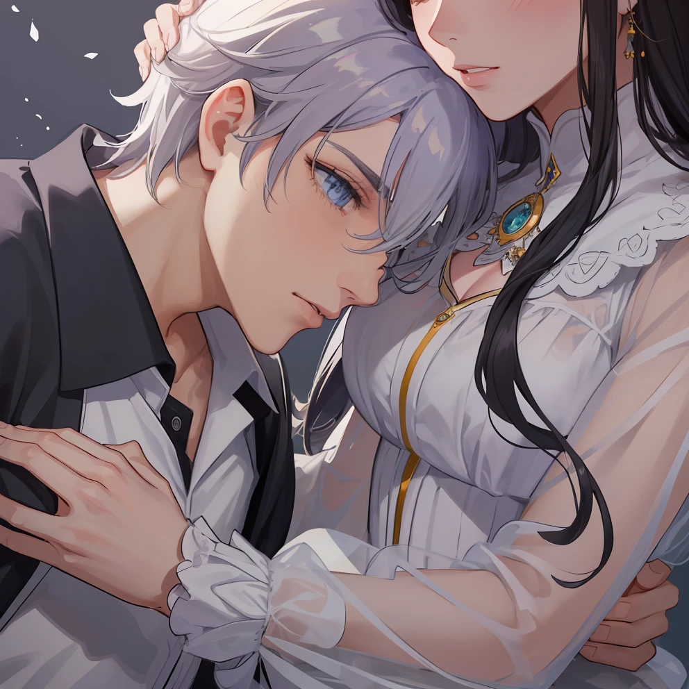 1homem, olhos azuis afiados com pupilas afiadas, cabelos brancos afiados e ele estava vestindo vestes nobres pretas e, Intimate embrace and will kiss with his beautiful wife, ela tem cabelos castanhos claros ((rosto de 41 anos))