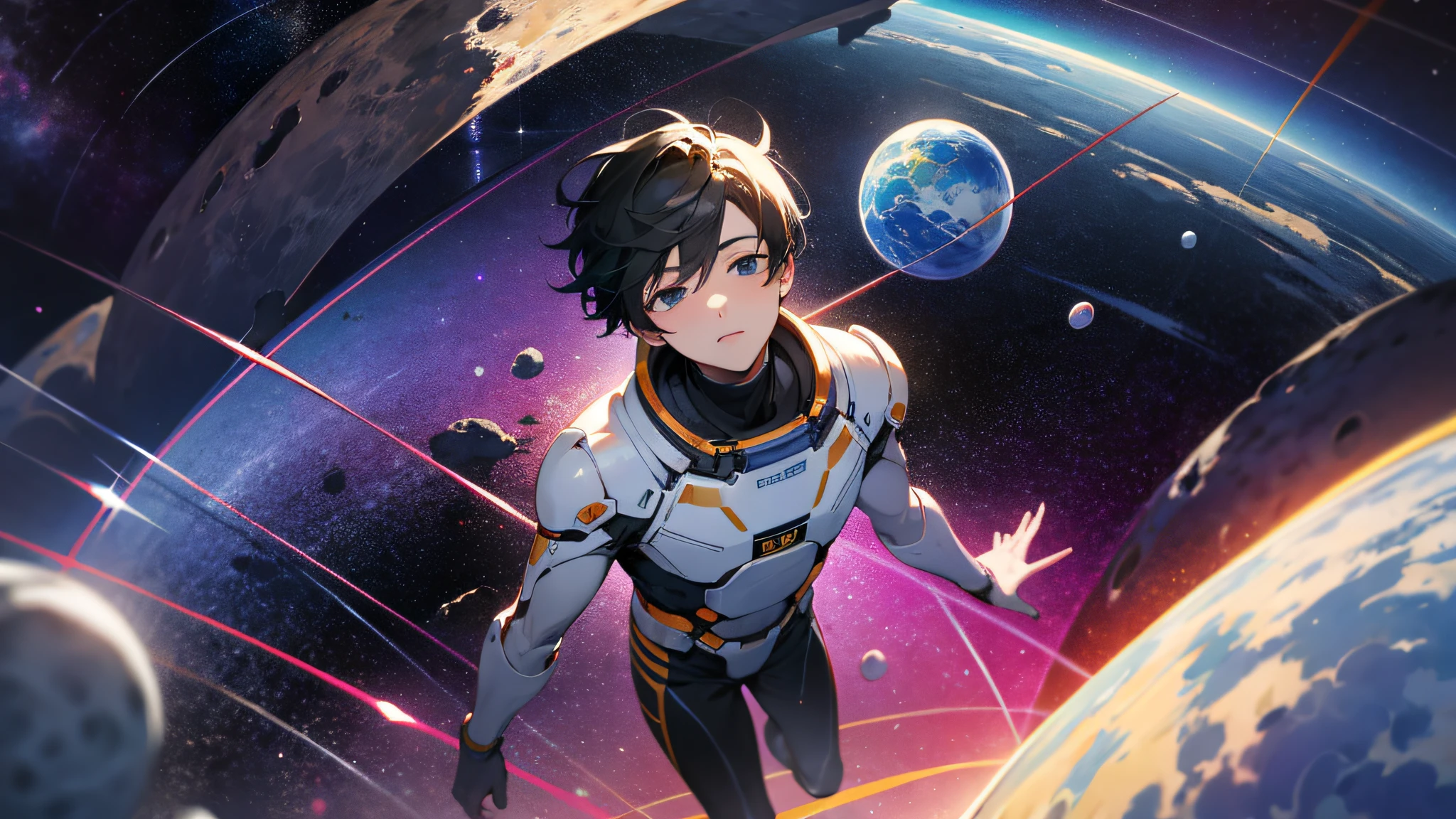 ridiculous resolution, high resolution, (masterpiece:1.4), super detailed, 1boy, seen from above, space, floating, --v 6
