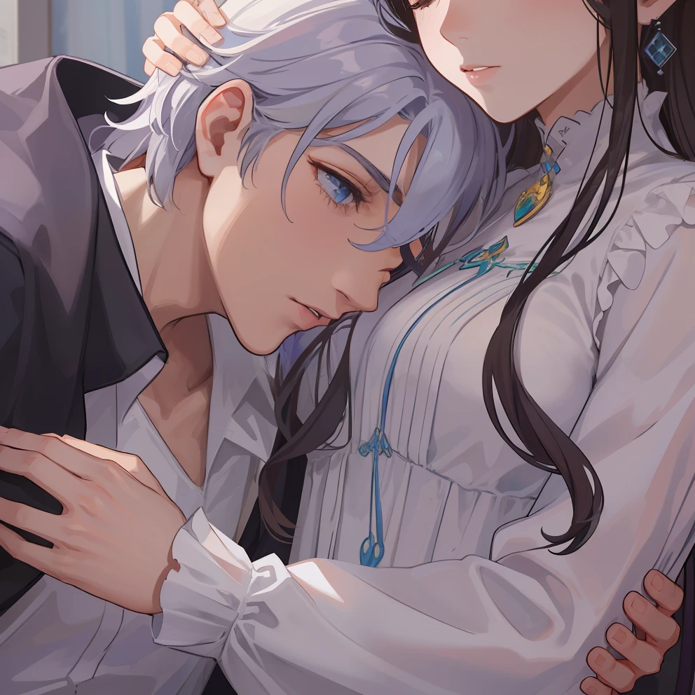 1homem, olhos azuis afiados com pupilas afiadas, cabelos brancos afiados e ele estava vestindo vestes nobres pretas e, Intimate embrace and will kiss with his beautiful wife, ela tem cabelos castanhos claros ((rosto de 41 anos))