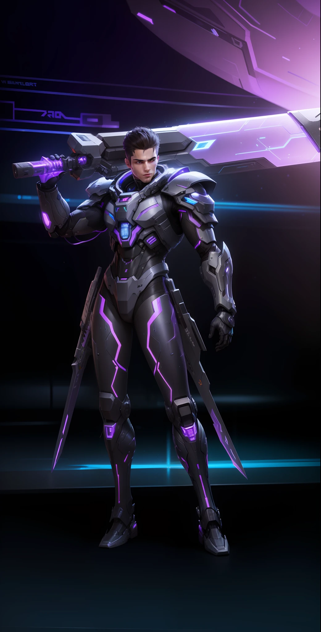 A young Man with futuristic mech suit, raising up A sword on his Shoulder, blue light eyes, shining eyes, purple light sword, cybernetic,cyberpunk,purple LED on suit, futuristic theme, clear focus, Futuristic guy, masterpiece, Amazing, 8k, best quality, high resolution, Ultra realistic, extremely detailed face,