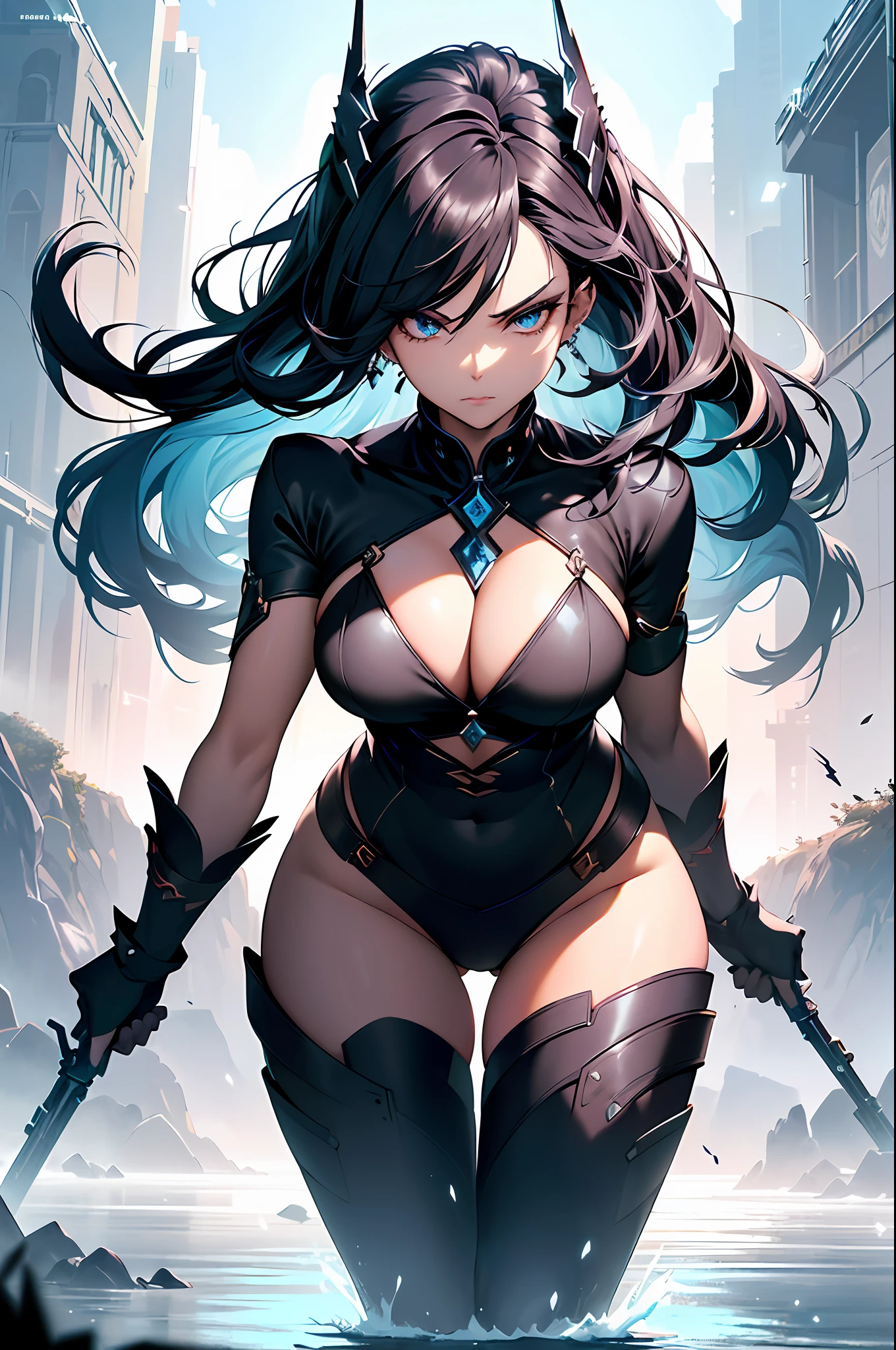 (((Create an image of a stunning woman wielding a weapon with lethal grace. Her allure is undeniable, with a commanding presence that captivates all who behold her. With piercing eyes that reflect determination, she exudes an air of confidence and skill. Her flowing hair cascades like a river of silk, adding to the allure of her mesmerizing persona. Adorned in sleek, battle-ready attire, she moves with agile elegance. The weapon she brandishes reflects her mastery, gleaming with an aura of power. Set against a backdrop of swirling mist or dramatic scenery, she stands as a formidable force. The juxtaposition of her striking beauty and deadly prowess creates an irresistible allure that draws viewers into her enthralling world.))), deviantart hd, artstation hd, detailed face and body, award-winning photography, margins, detailed face, trending on ArtStation, trending on CGSociety award winning drawing, Paolo Eleuteri Serpieri,