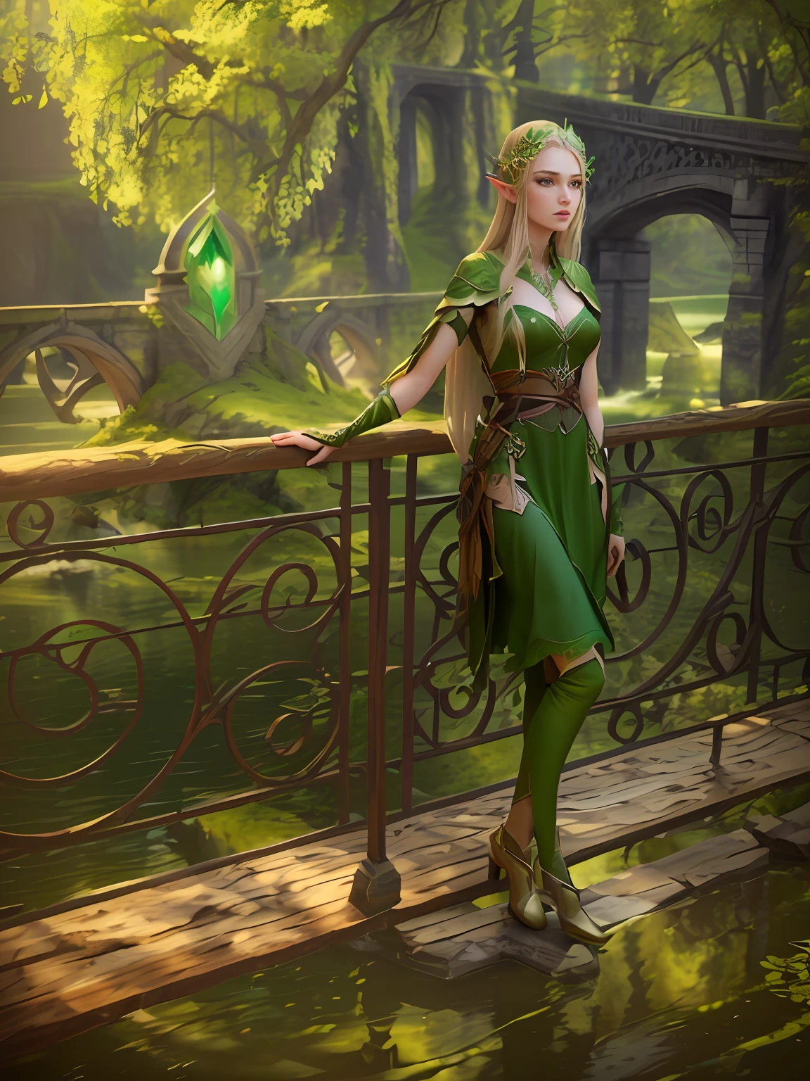 A woman in a green dress stands on a bridge, alluring elf princess knight, The River Princess, Beautiful and elegant elf, very beautiful elven top model, realistic fantasy render, elf princess, elf queen nissa genesis mage, beautiful elven princess, Elven Warrior Princess, Fantasy clothing, 3d rendered character art 8 K