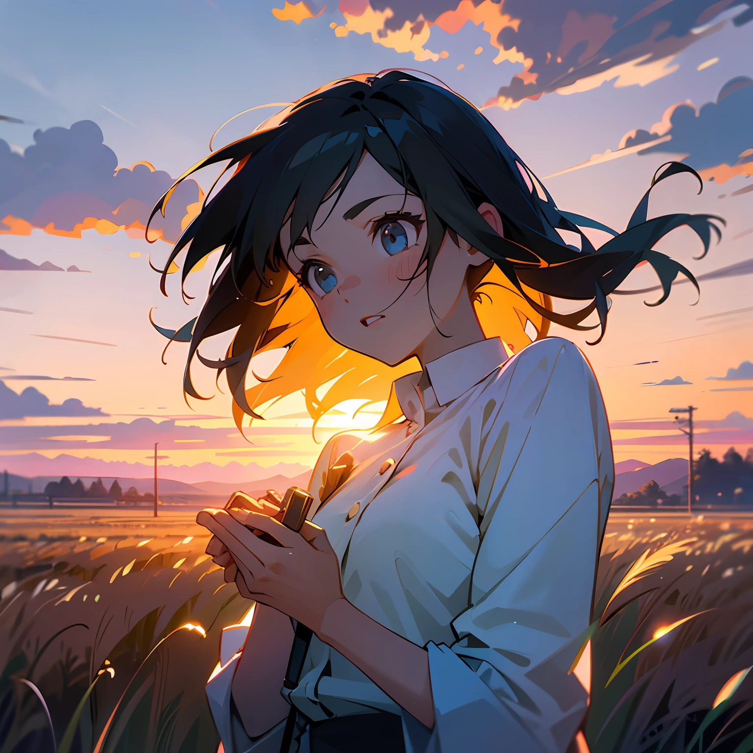 girl standing in field, neon soap bubbles, detailed face, mid shot, portrait, clouds, sunrise
