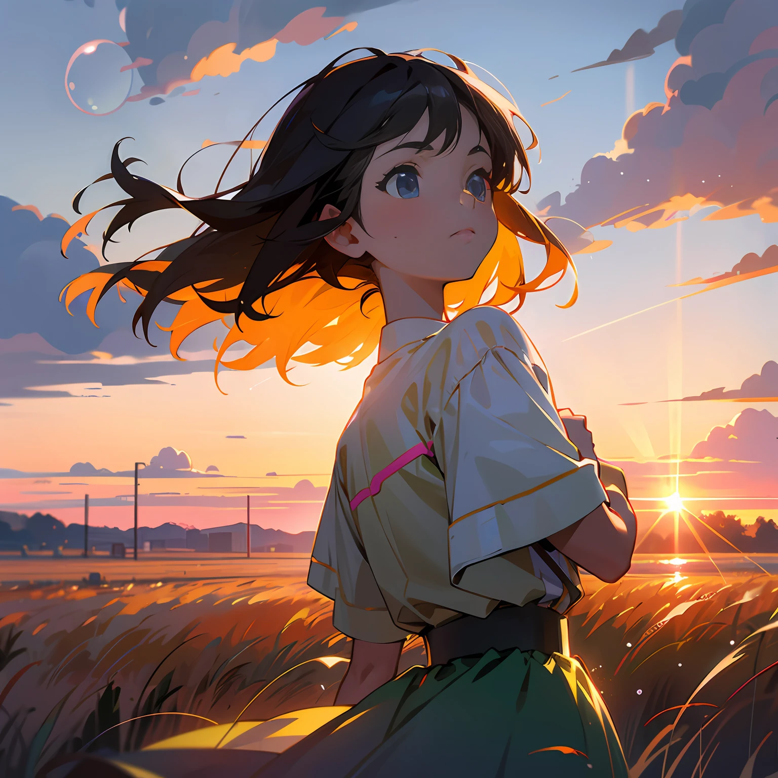 girl standing in field, neon soap bubbles, detailed face, mid shot, portrait, clouds, sunrise