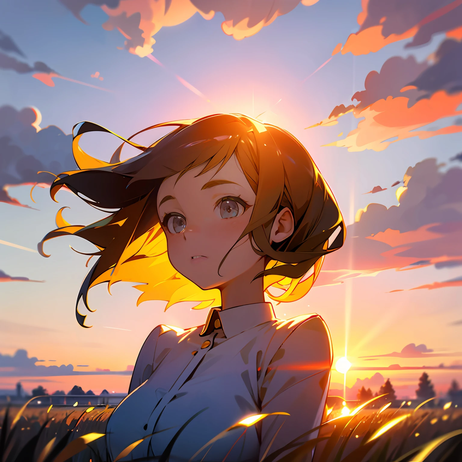 girl standing in field, neon soap bubbles, detailed face, mid shot, portrait, clouds, sunrise