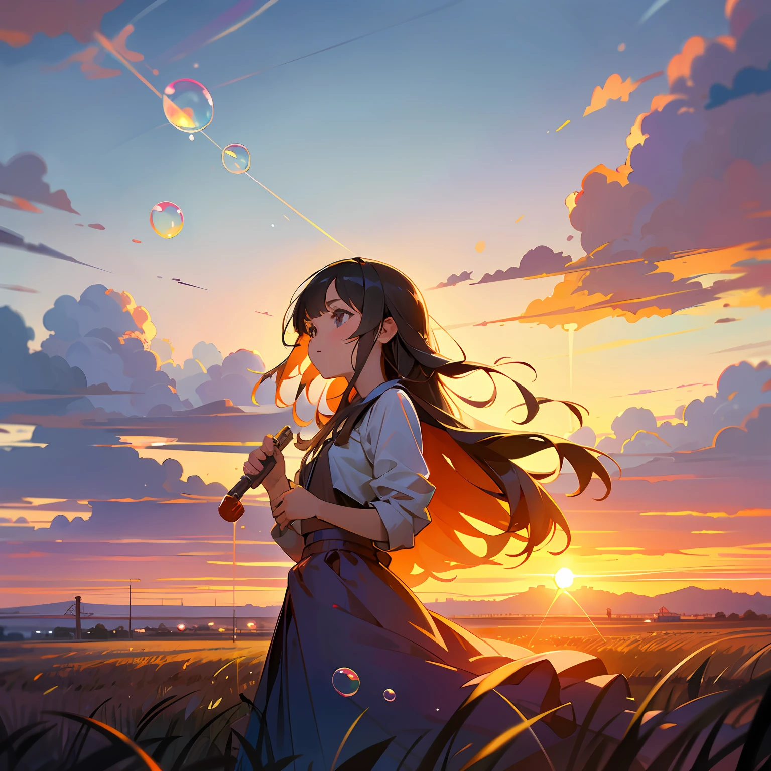 girl standing in field, neon soap bubbles, detailed face, mid shot, portrait, clouds, sunrise