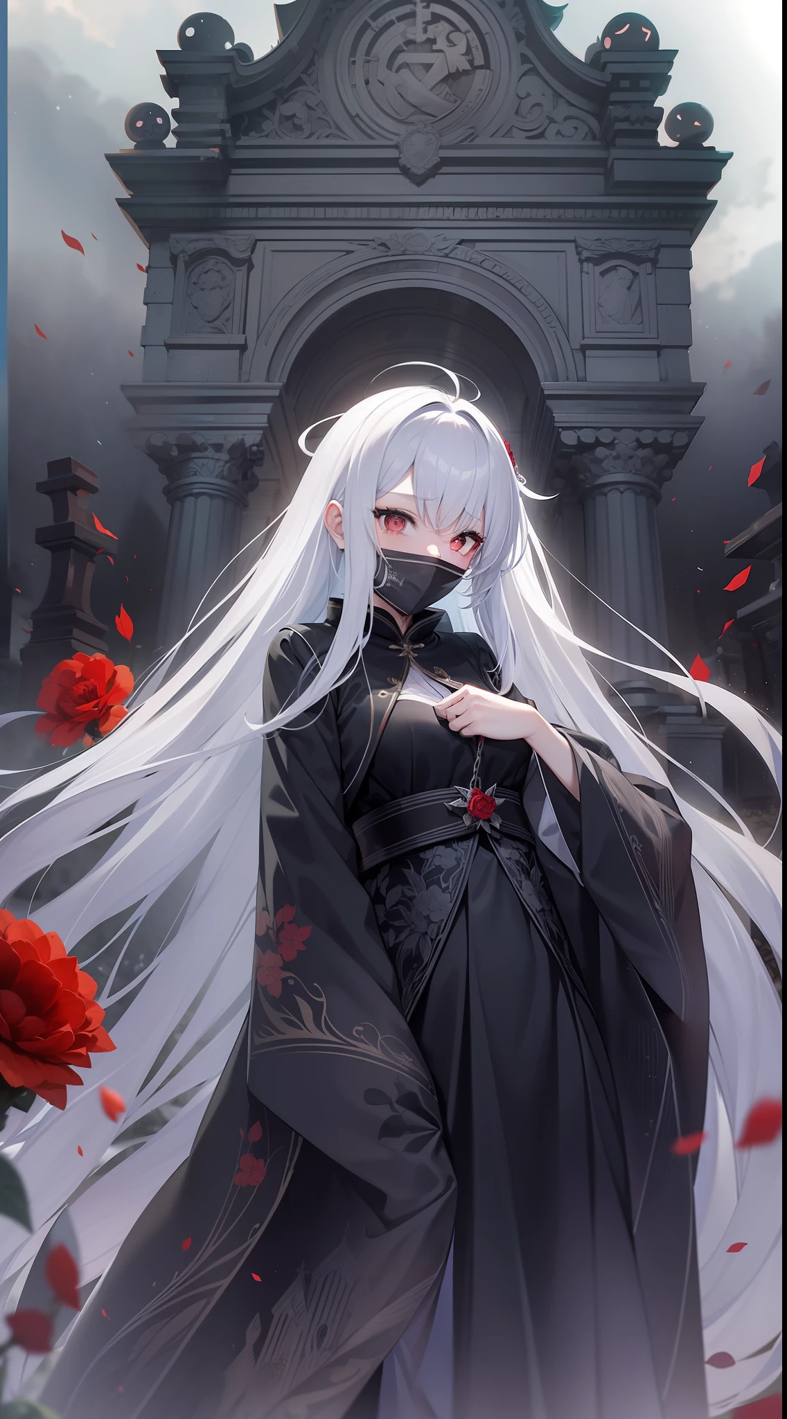 Girl in a dream。I have long silver hair。I'm dressed as a ghost。Wearing a black cloth。Has a red mask。I'm looking languidly。The background is a cemetery。It is an illustration of the highest quality。It is a beautiful illustration。