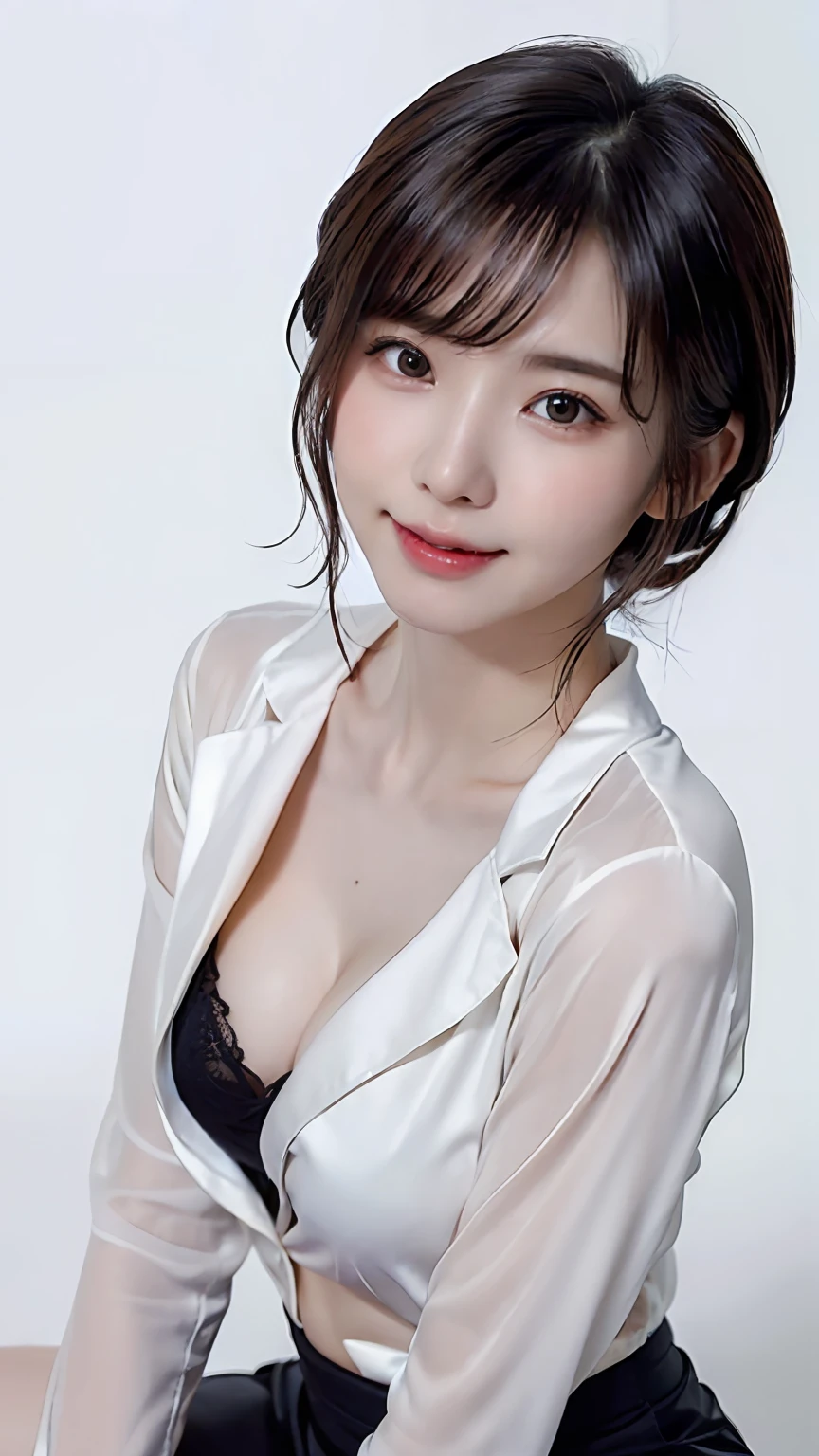masterpiece、top-quality、超A high resolution、High detailed portrait、(photographrealistic:1.4)、(((1girl in)))((1girl in、White fair skin、sitting on、Since a while ago、close up of face、age19、spotless、cute little、pretty black hair、Glossy black hair、bobhair_cut、Short hairstyle、Ordinary chest))(enticing、Office style suit、Shirt with wide open chest、The jacket is skinny.、no-bra、teats)(portrait of japanese famous actress)、(A smile、Happiness、Joy、jolly、closes mouth)、(Lift your chest with your arms)、High detailed eyes、((Really snow-white background、Nothing background))、((long neck、bangss、bangss、Clean face、Gaze staring at the camera、Lashes、big eye、Distinct double eyelids、glowy skin、Clean skin quality、lipgloss))、skinny thigh、(sexypose、Skirt twisted、cowboy shot、thigh visible、Hide breasts with clothes)、low angle shot